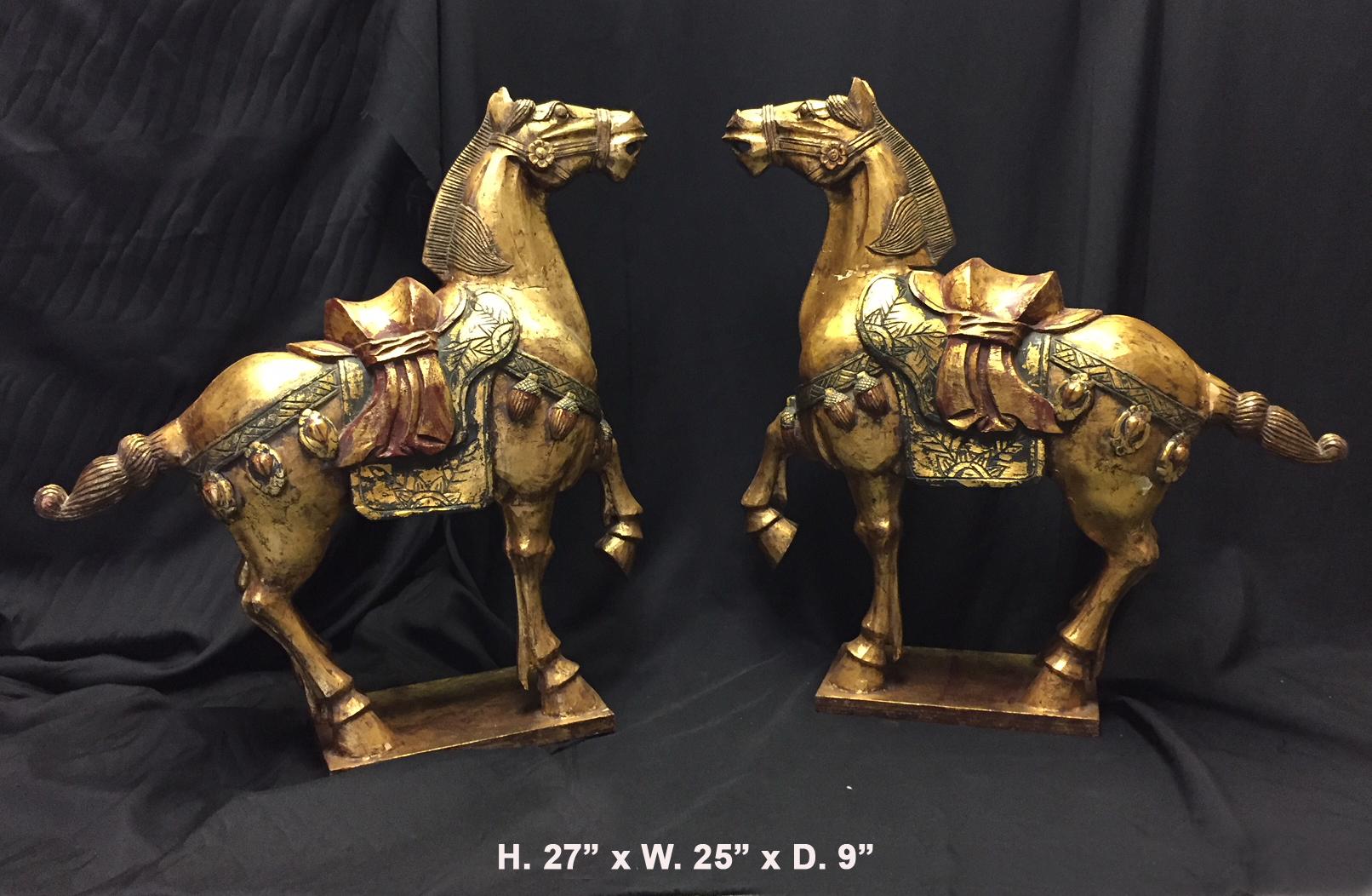 Pair of Chinese Polychrome Carved Giltwood Horses In Good Condition For Sale In Cypress, CA