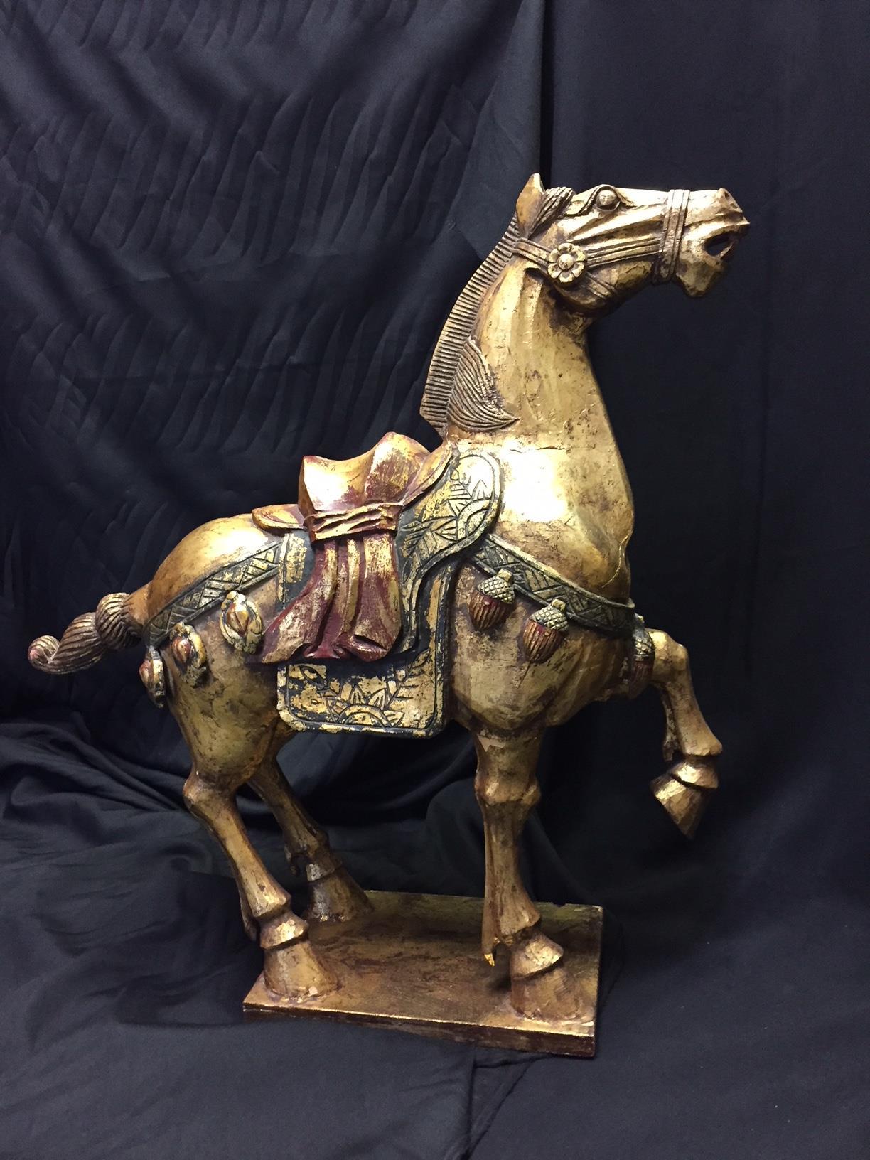 20th Century Pair of Chinese Polychrome Carved Giltwood Horses For Sale