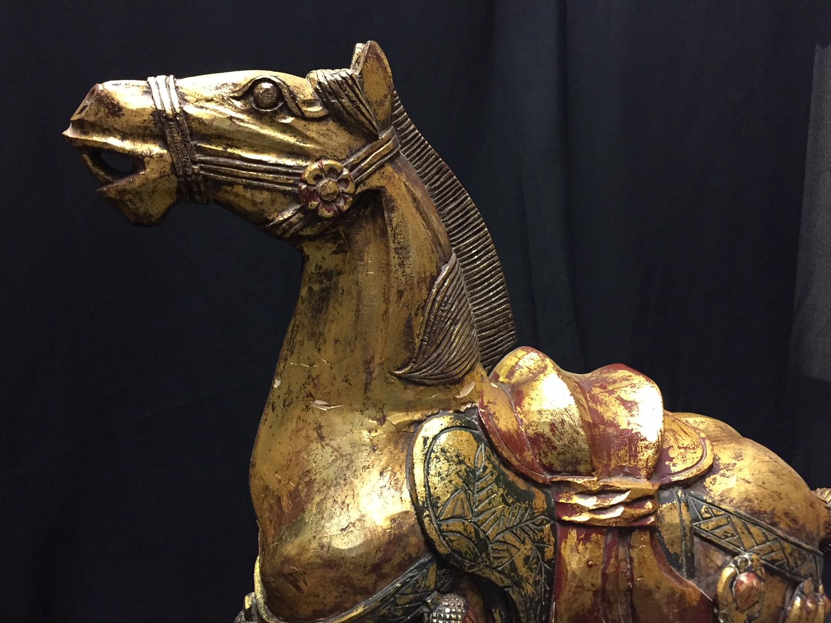 Pair of Chinese Polychrome Carved Giltwood Horses For Sale 1