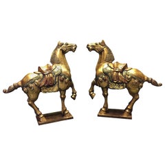 Pair of Chinese Polychrome Carved Giltwood Horses