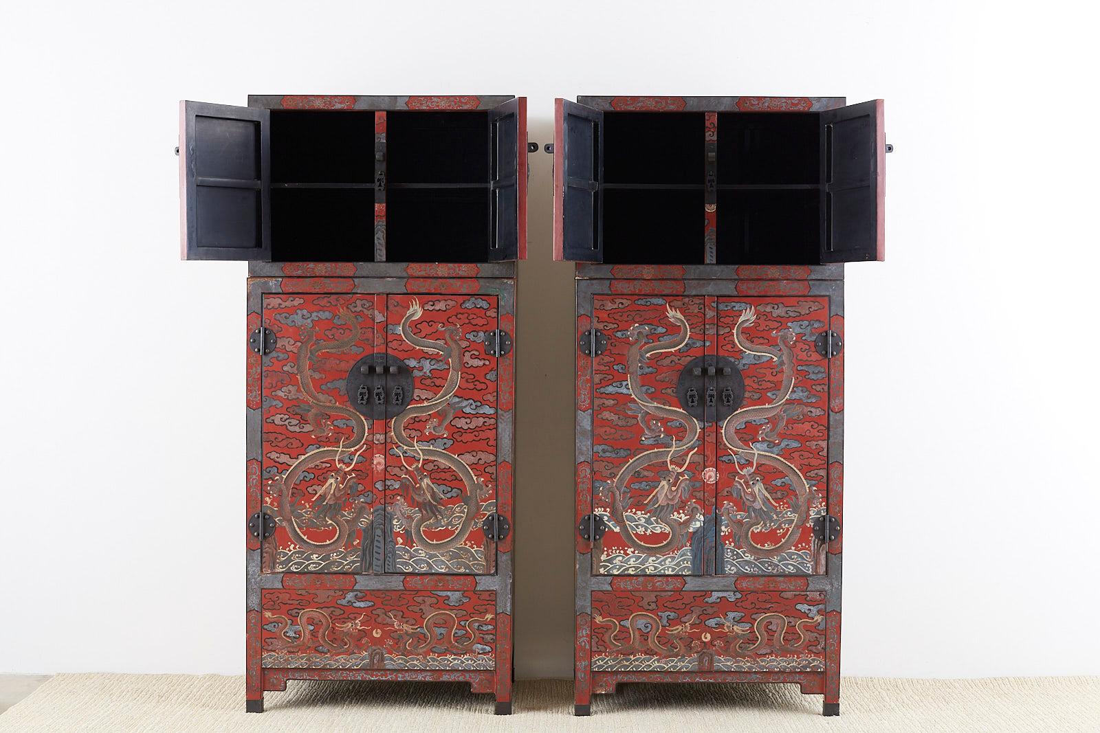 Pair of Chinese Polychrome Decorated Compound Dragon Cabinets 7