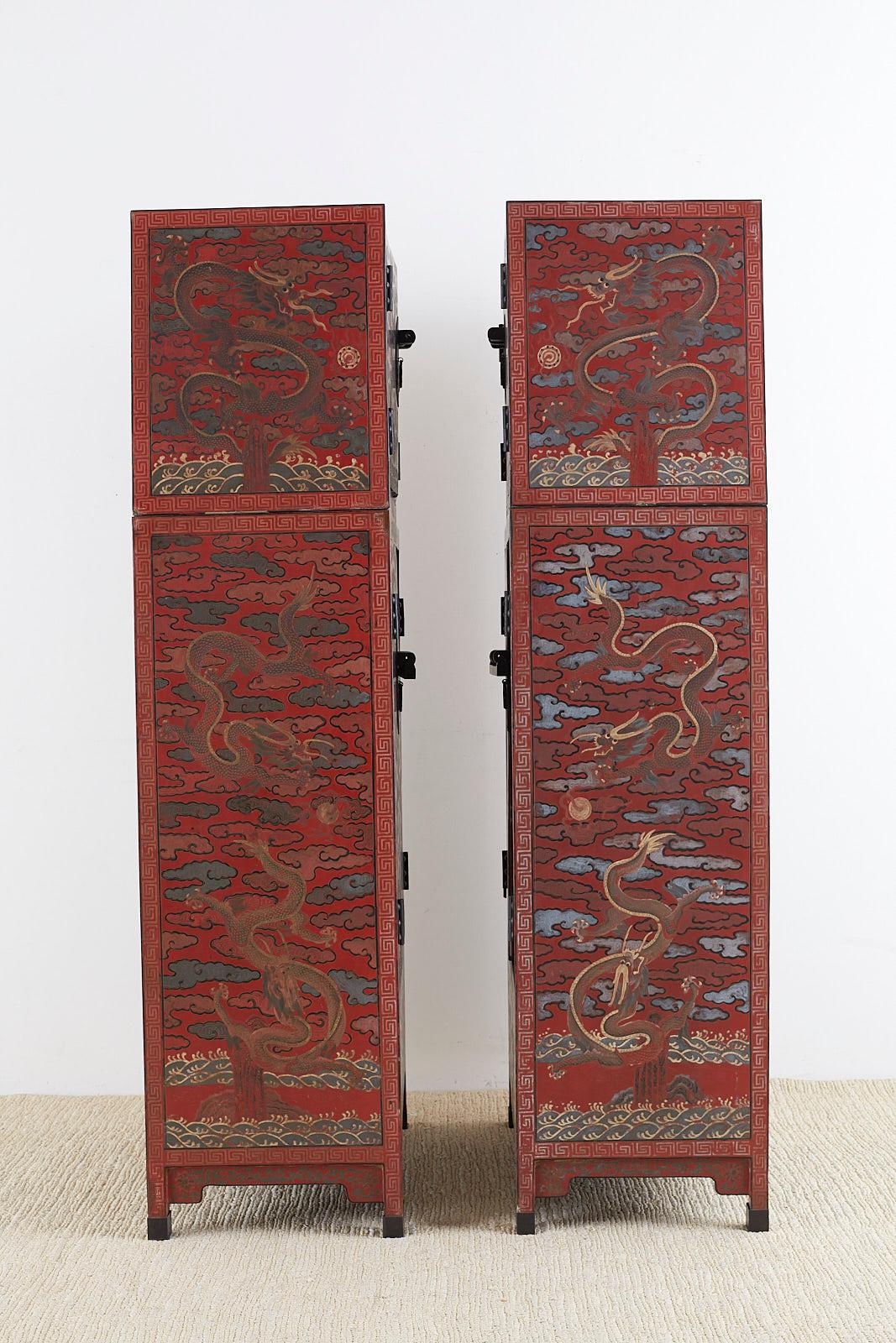 Pair of Chinese Polychrome Decorated Compound Dragon Cabinets 9