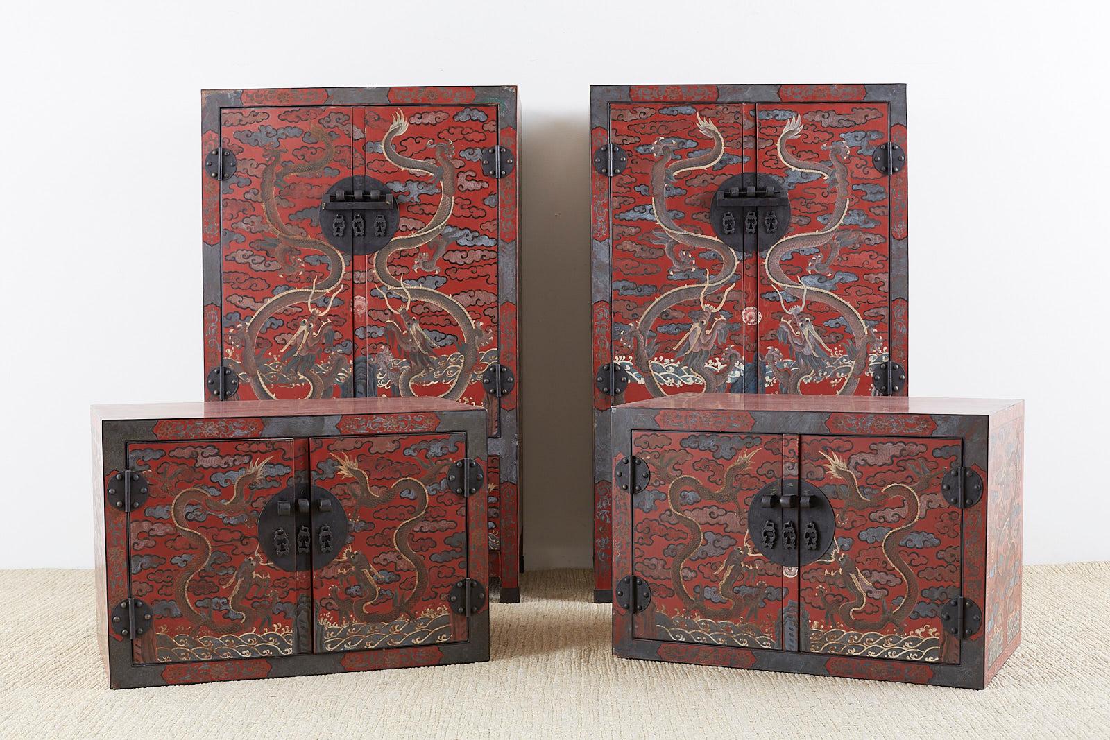 Pair of Chinese Polychrome Decorated Compound Dragon Cabinets In Good Condition In Rio Vista, CA