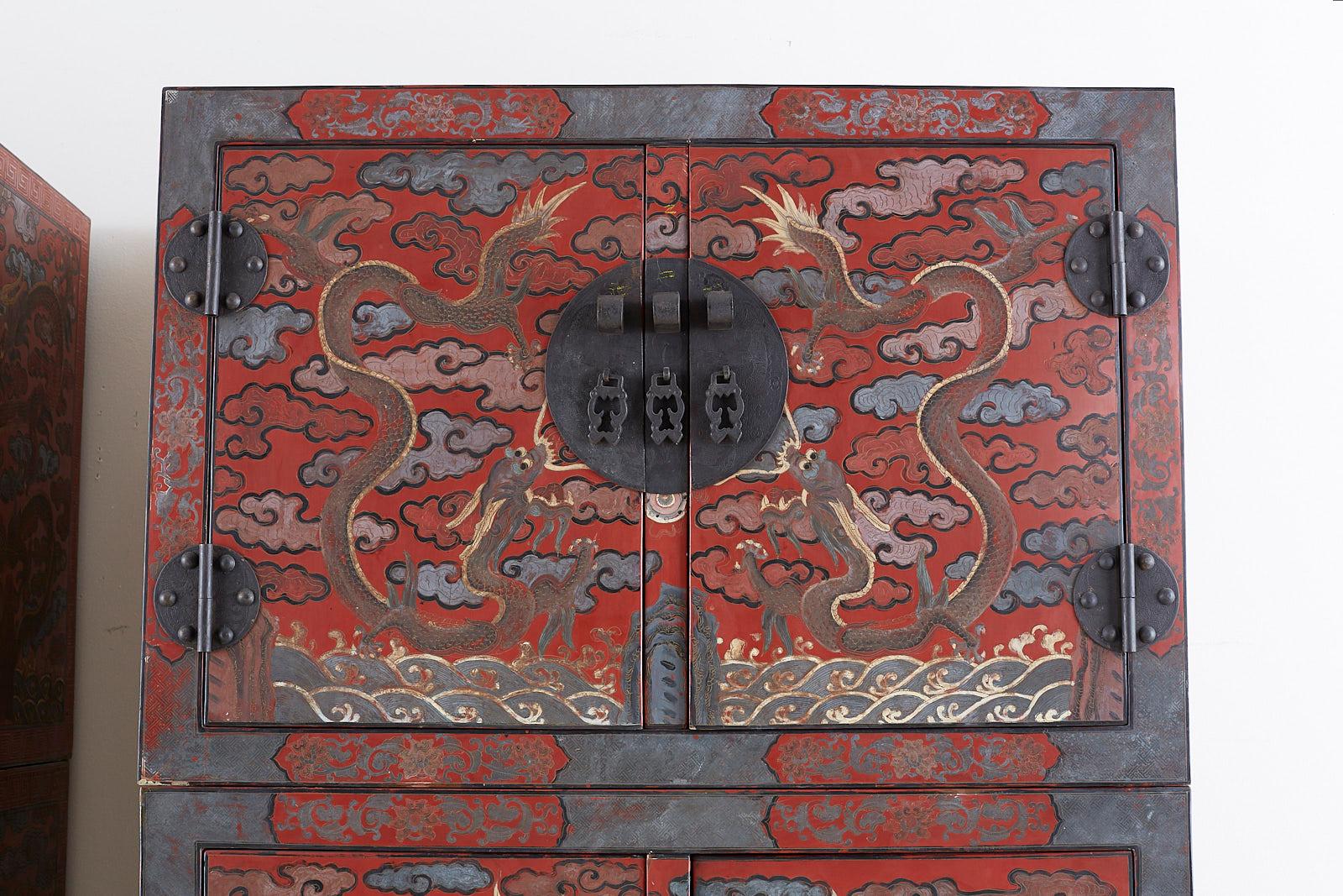 Brass Pair of Chinese Polychrome Decorated Compound Dragon Cabinets