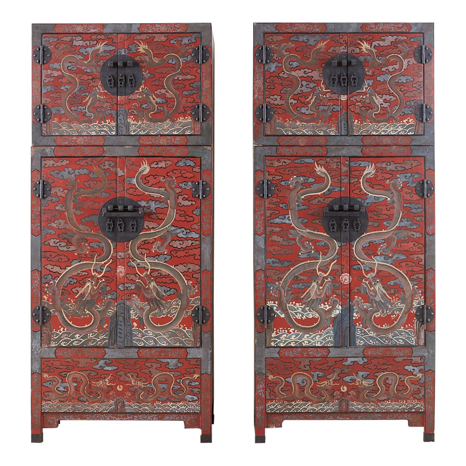 Pair of Chinese Polychrome Decorated Compound Dragon Cabinets