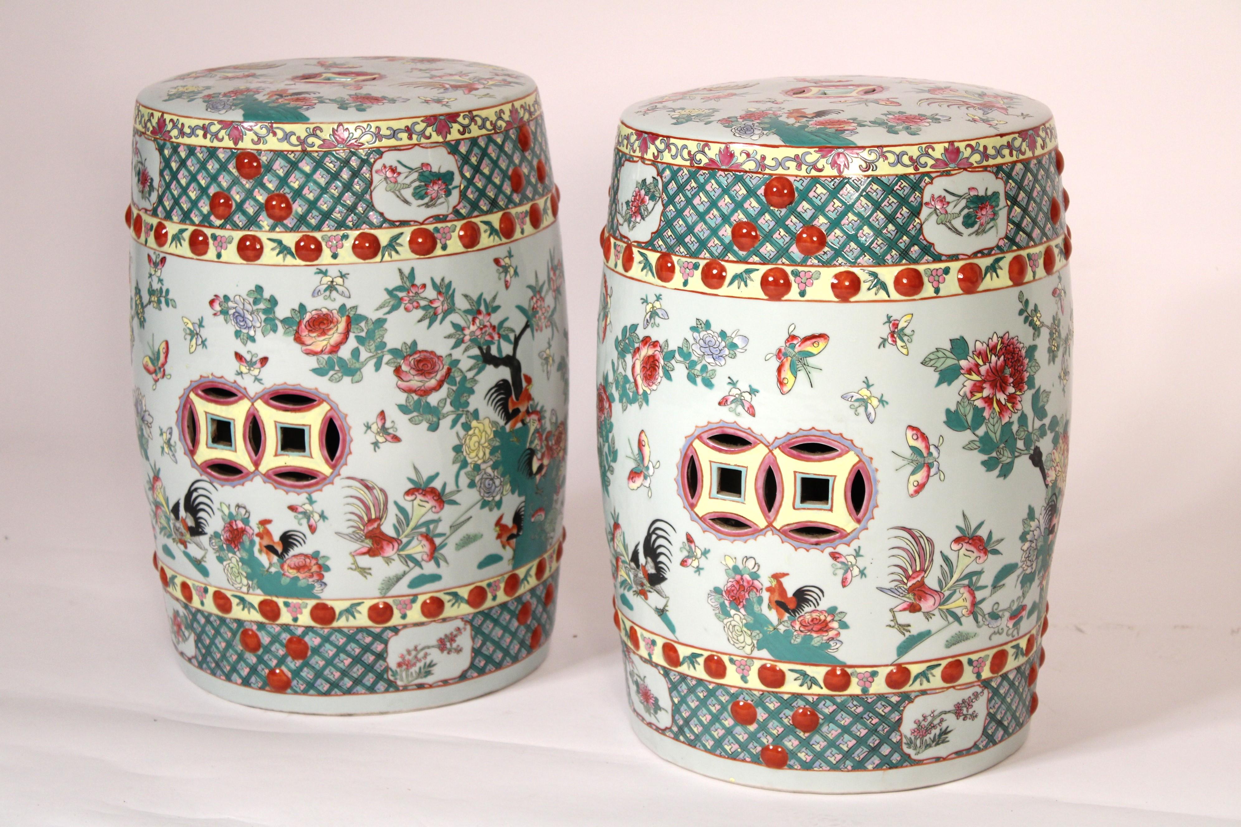 Pair of Chinese polychrome decorated porcelain garden seats, late 20th century.