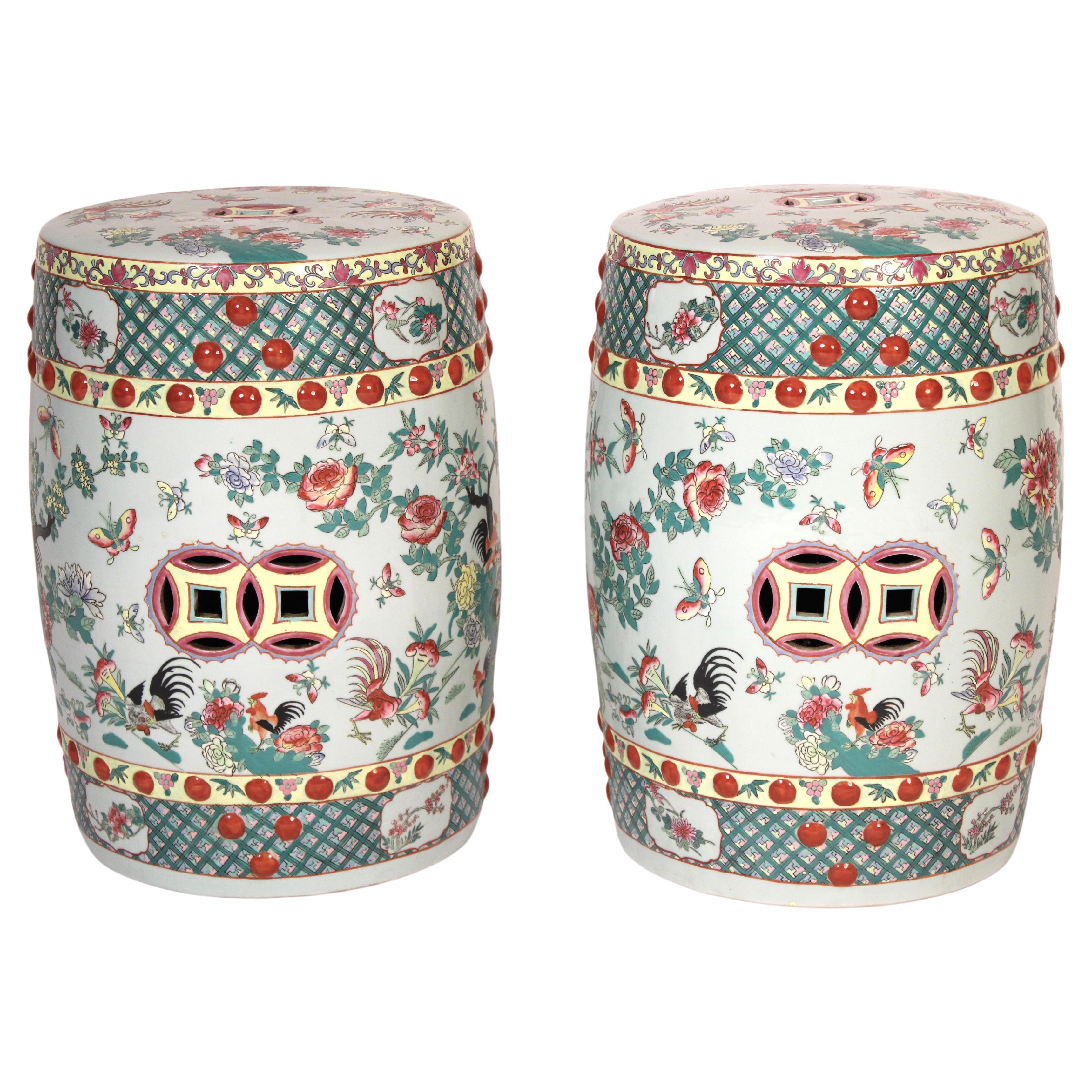 Pair of Chinese Polychrome Decorated Porcelain Garden Seats For Sale