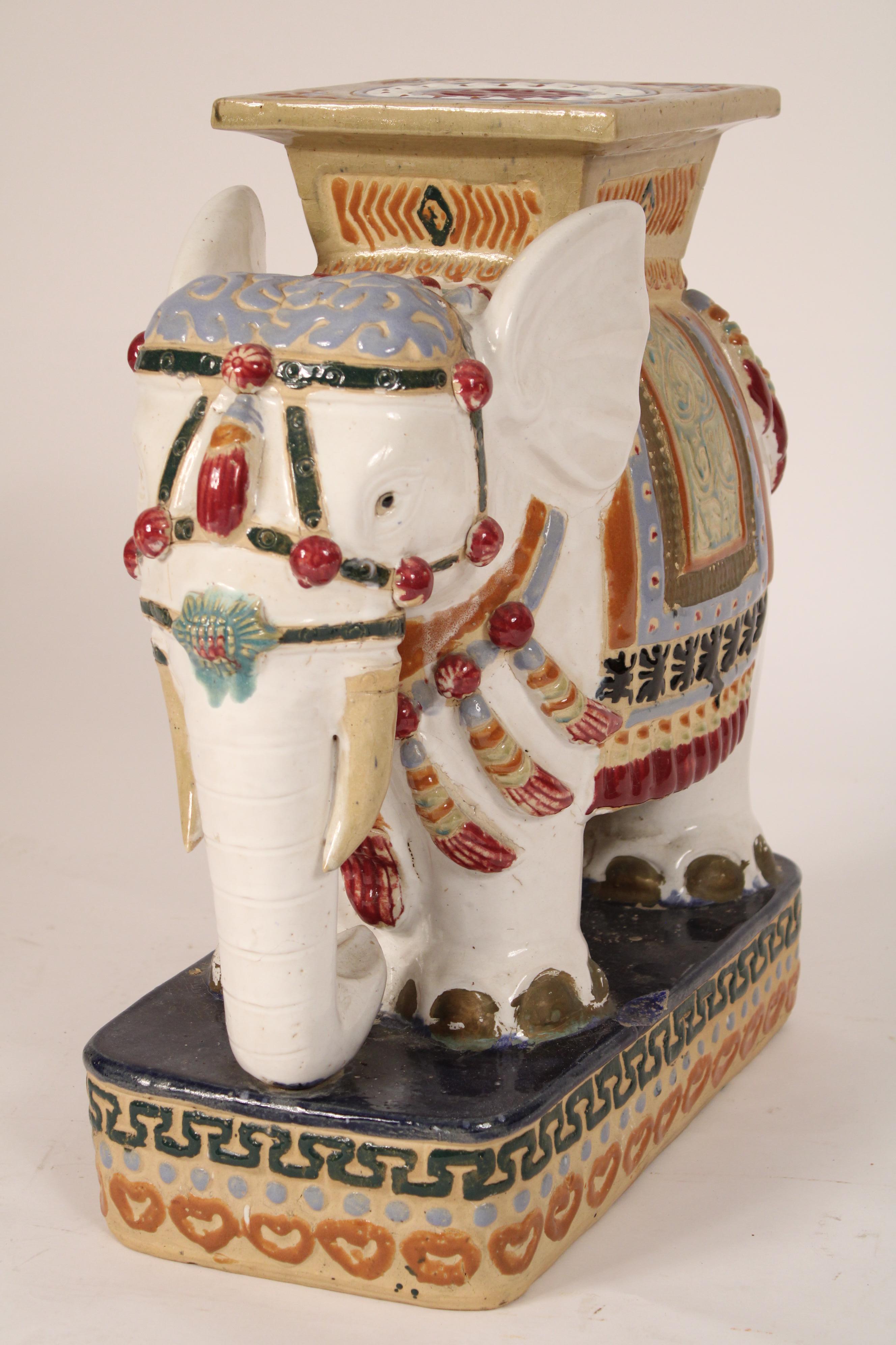 Chinoiserie Pair of Chinese Polychrome decorated stoneware elephants Form Garden Seats