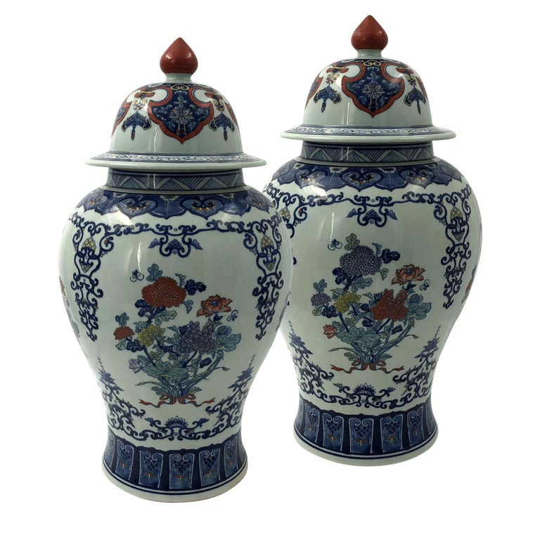 Pair of Chinese Polychrome Ginger Jars For Sale at 1stDibs
