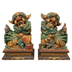 Pair of Chinese Polychrome Painted Foo Dogs