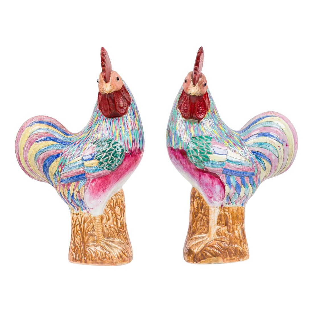 Pair of Chinese Polychrome Porcelain Roosters