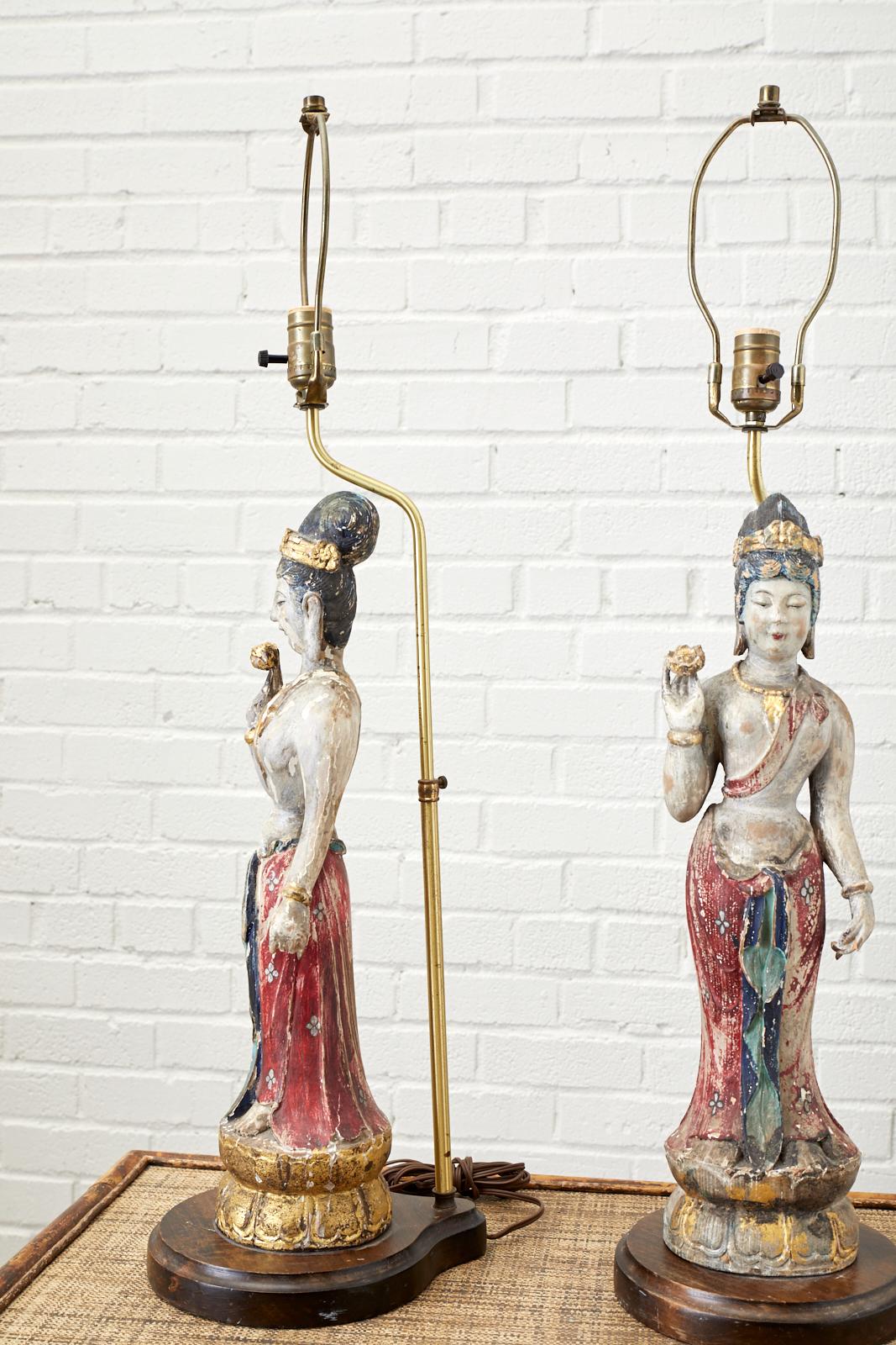 Pair of Chinese Polychrome Quan Yin Deity Table Lamps 3
