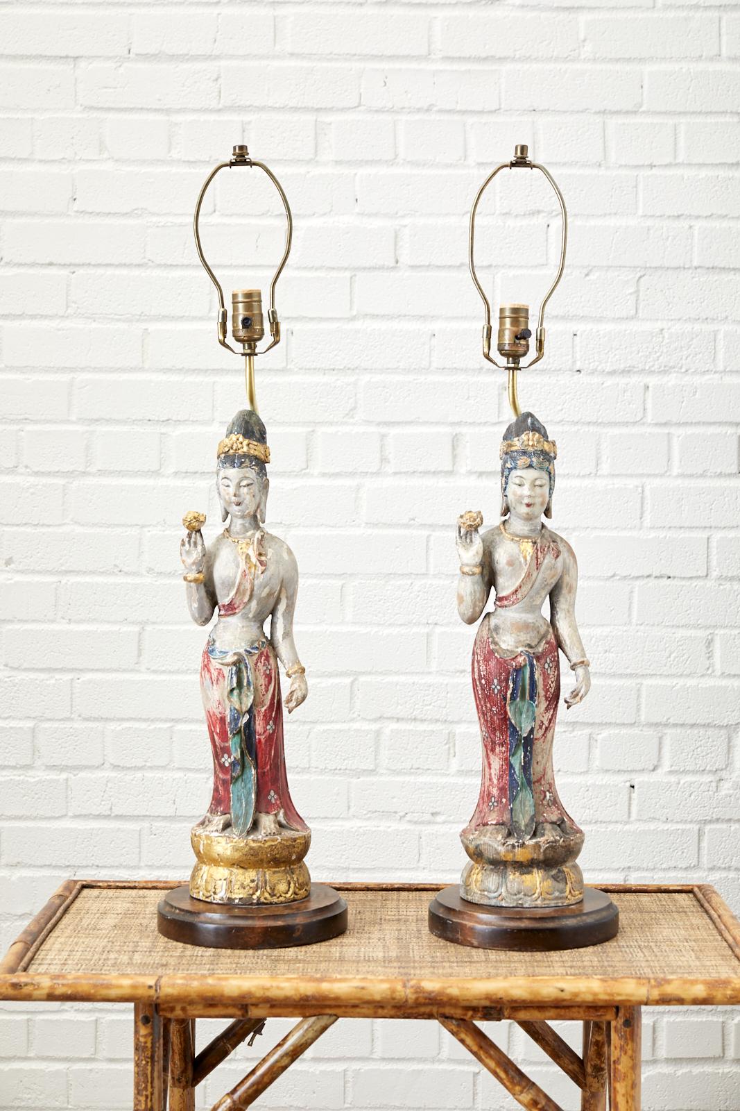 Qing Pair of Chinese Polychrome Quan Yin Deity Table Lamps