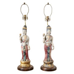 Antique Pair of Chinese Polychrome Quan Yin Deity Table Lamps