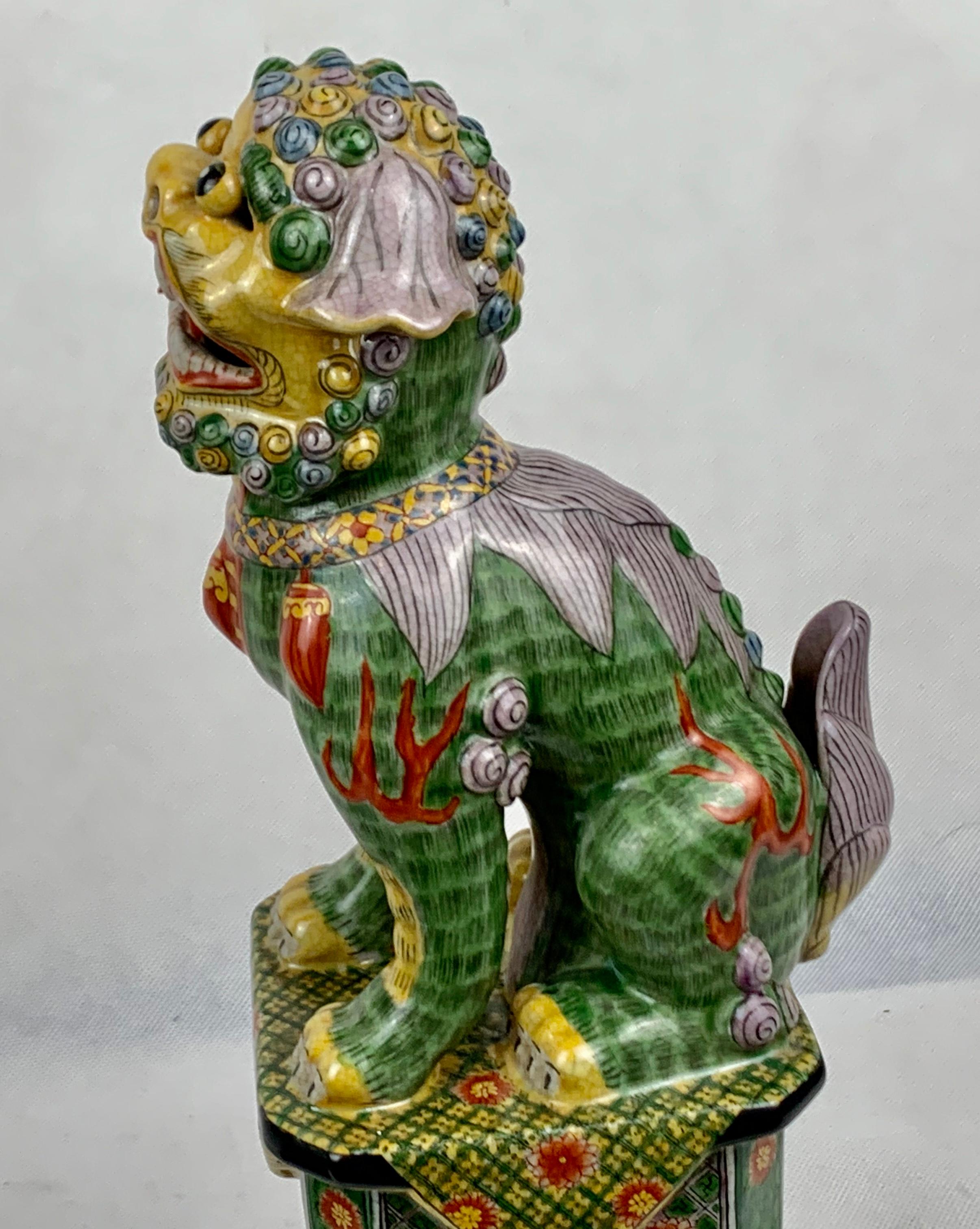 Pair of Polychromed Porcelain Chinese Foo Dogs on Stands-Green, Yellow, Red 4
