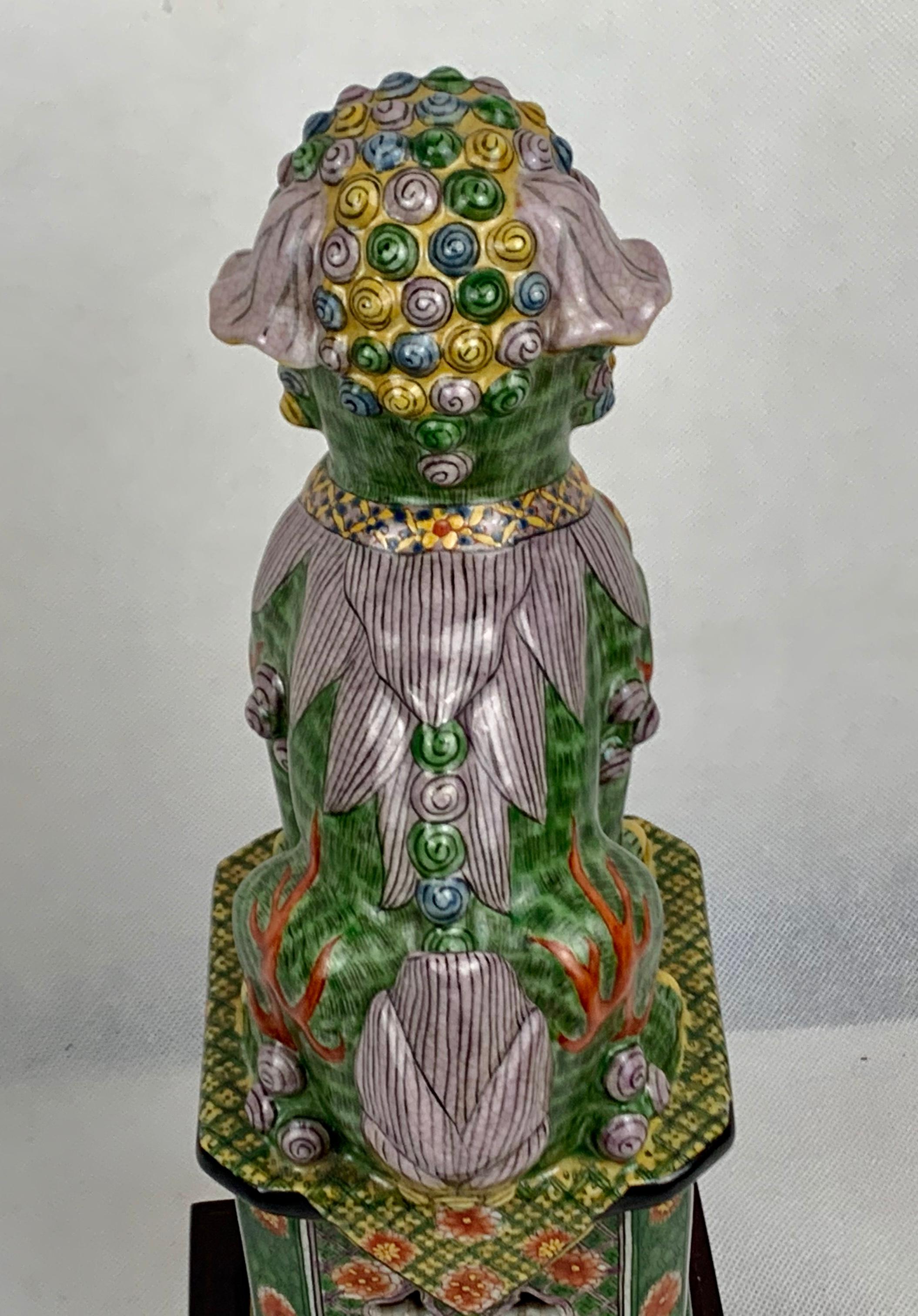 Pair of Polychromed Porcelain Chinese Foo Dogs on Stands-Green, Yellow, Red 5