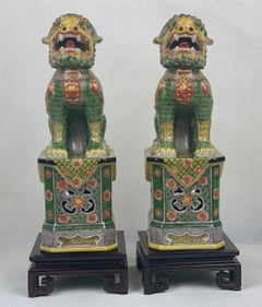 Pair of Polychromed Porcelain Chinese Foo Dogs on Stands-Green, Yellow, Red