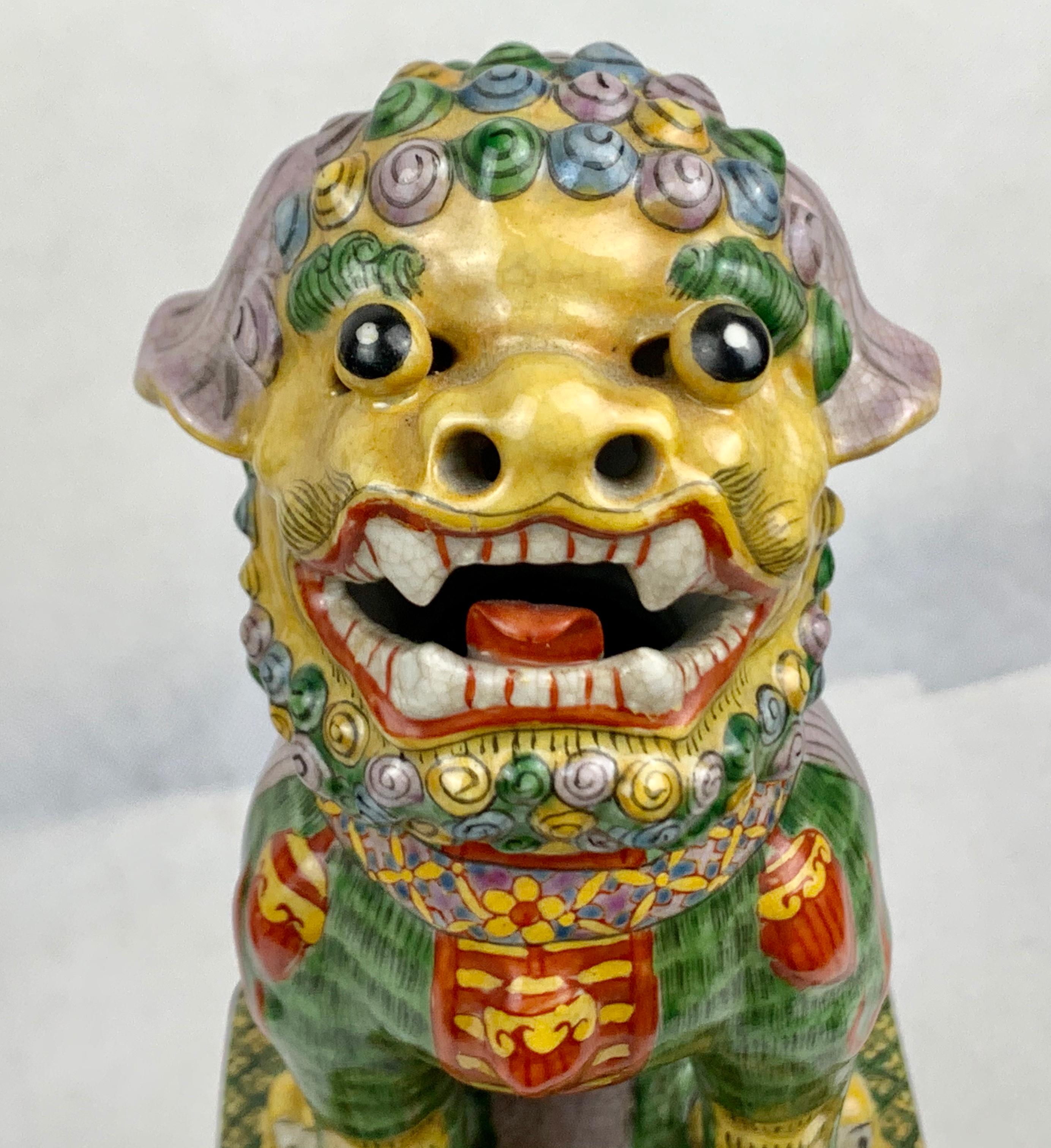 Mid-20th Century Pair of Polychromed Porcelain Chinese Foo Dogs on Stands-Green, Yellow, Red