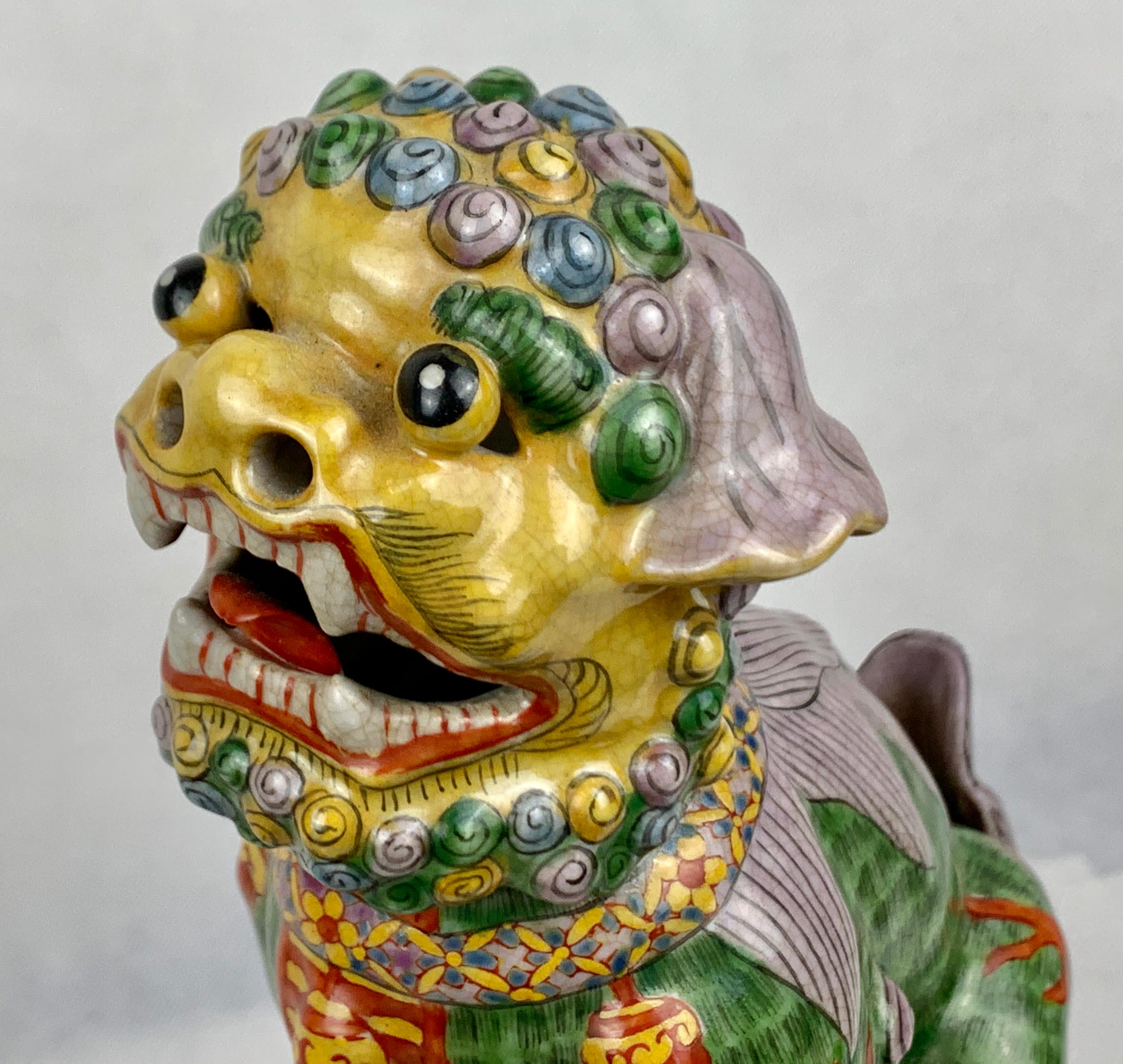 Enamel Pair of Polychromed Porcelain Chinese Foo Dogs on Stands-Green, Yellow, Red