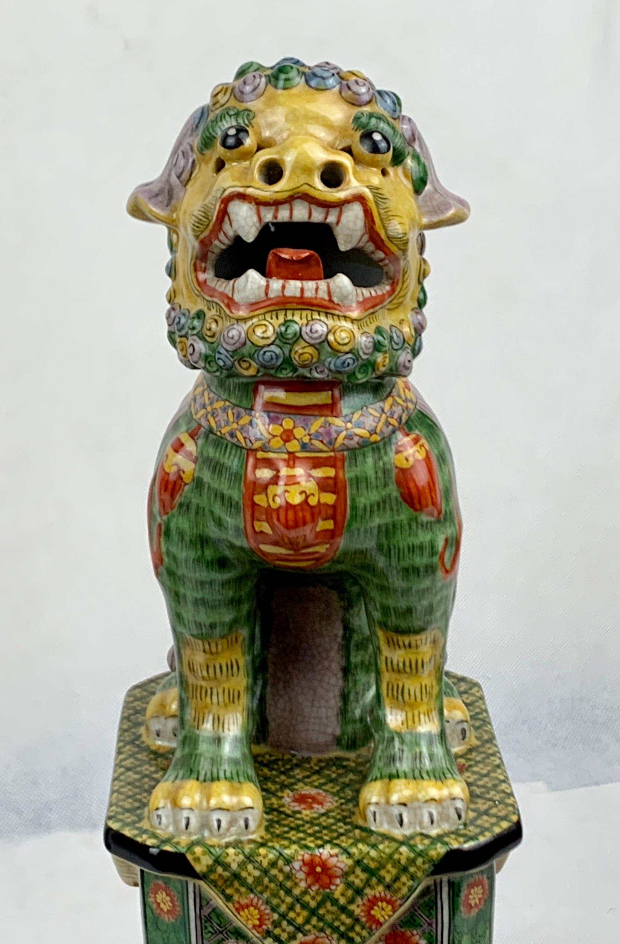 Pair of Polychromed Porcelain Chinese Foo Dogs on Stands-Green, Yellow, Red 1