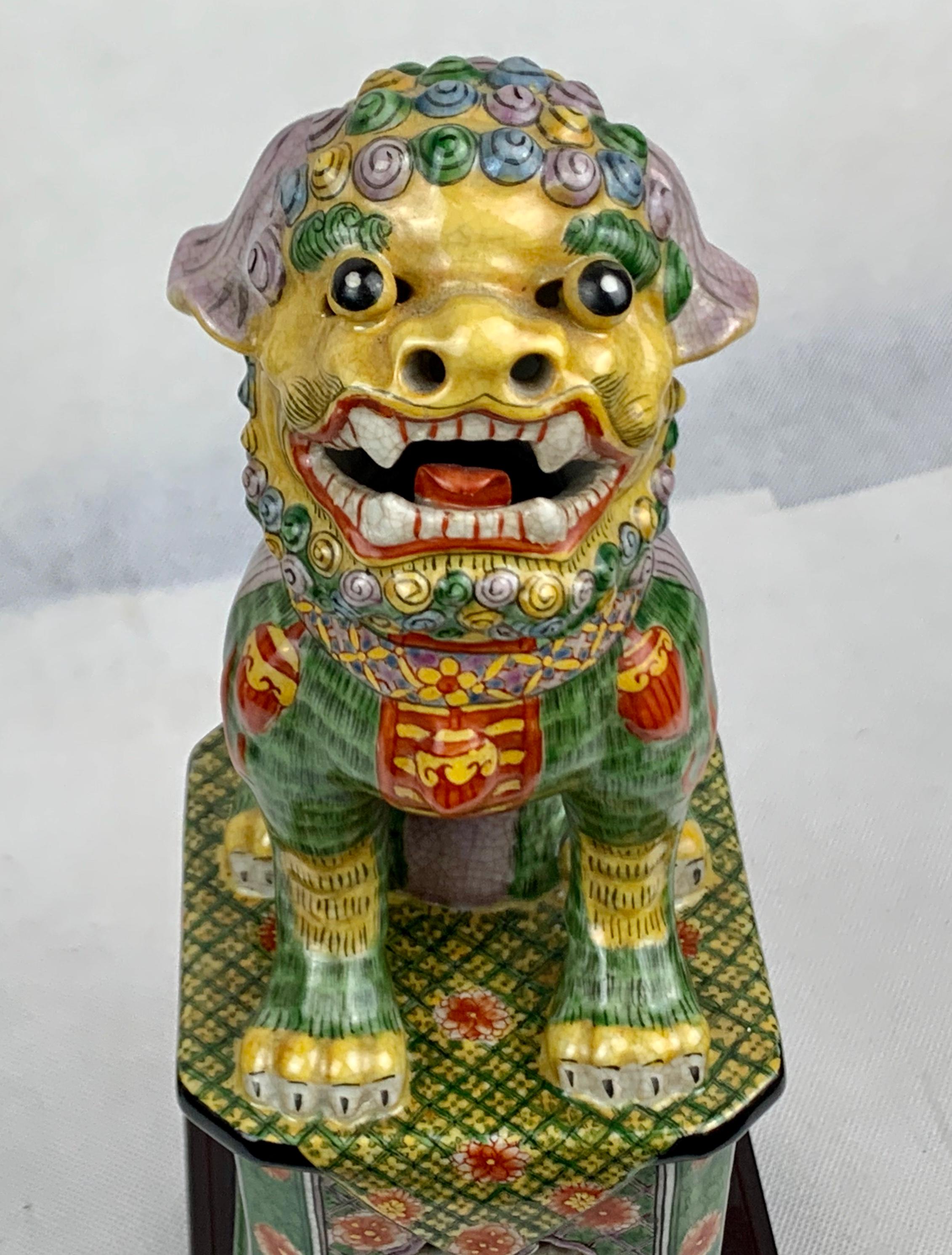 Pair of Polychromed Porcelain Chinese Foo Dogs on Stands-Green, Yellow, Red 2
