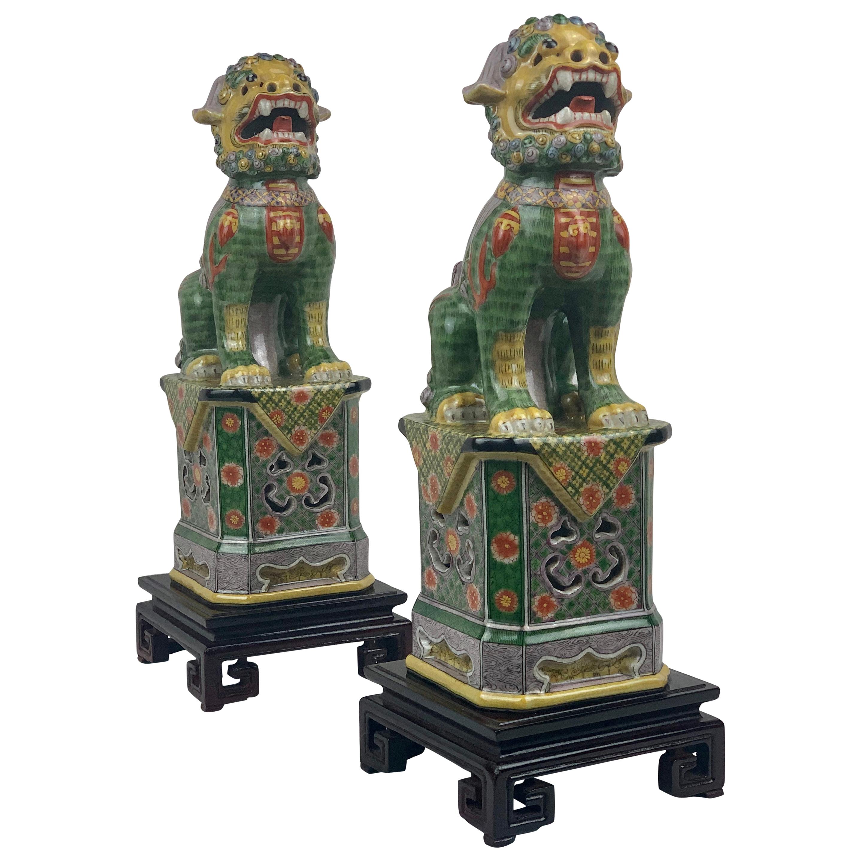 Pair of Polychromed Porcelain Chinese Foo Dogs on Stands-Green, Yellow, Red