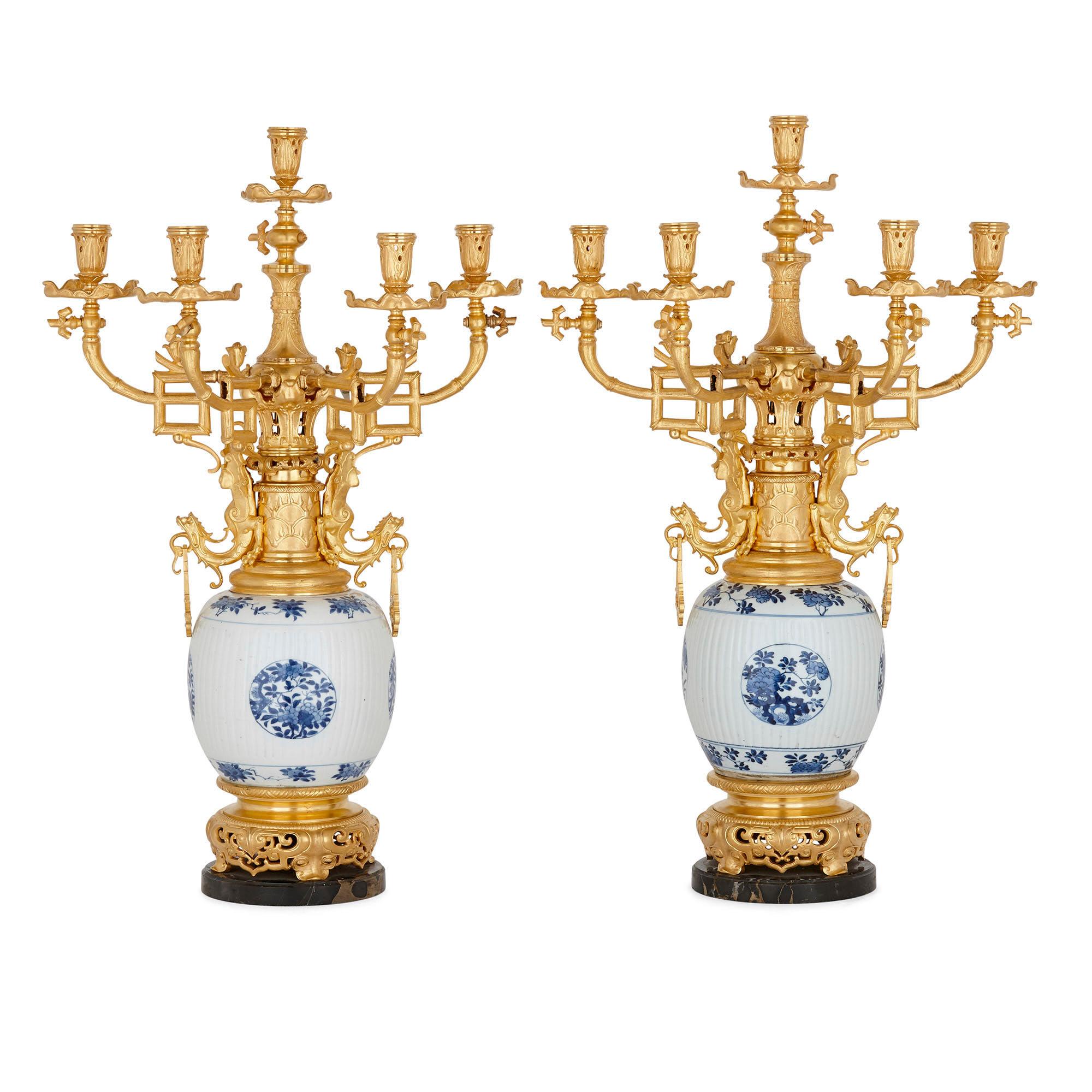 Pair of Chinese porcelain and French Chinoiserie style gilt bronze candelabra
Chinese and French, 19th Century
Height 72cm, width 47cm, depth 35cm

This superb pair of candelabra brings together the best of Chinese and French decorative art.