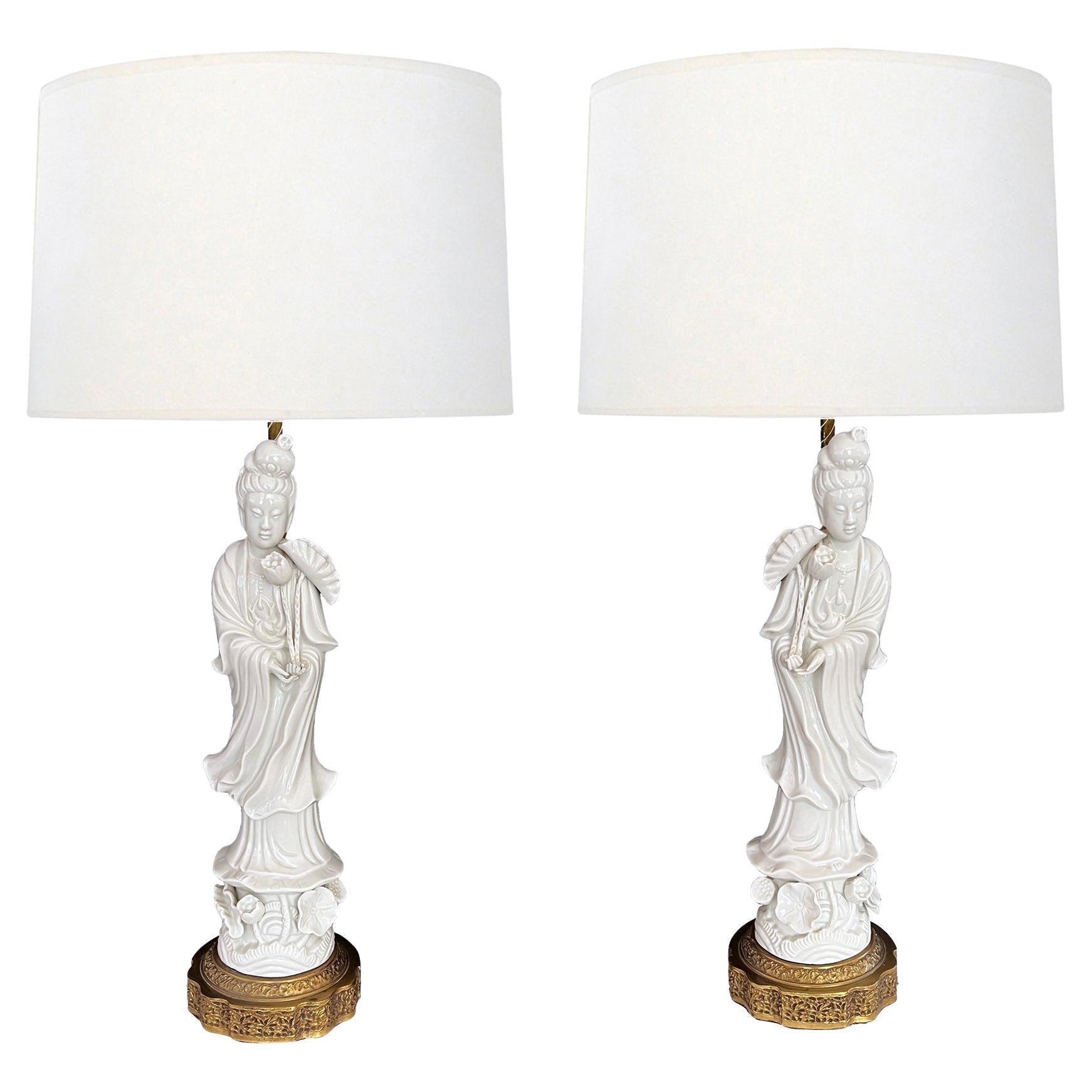 Pair of Chinese Porcelain Blanc De Chine Figural Lamps of the Goddess Guanyin For Sale
