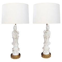 Pair of Chinese Porcelain Blanc De Chine Figural Lamps of the Goddess Guanyin