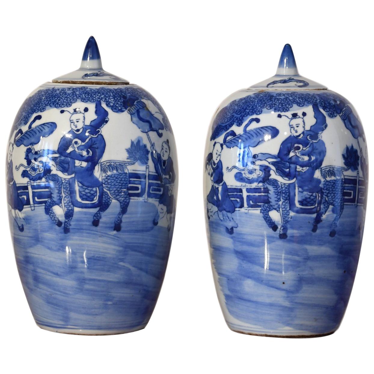 Pair of Chinese Porcelain Blue Lidded-Jars w/ Bats, Dragon-Horse 
Rider, c 1880