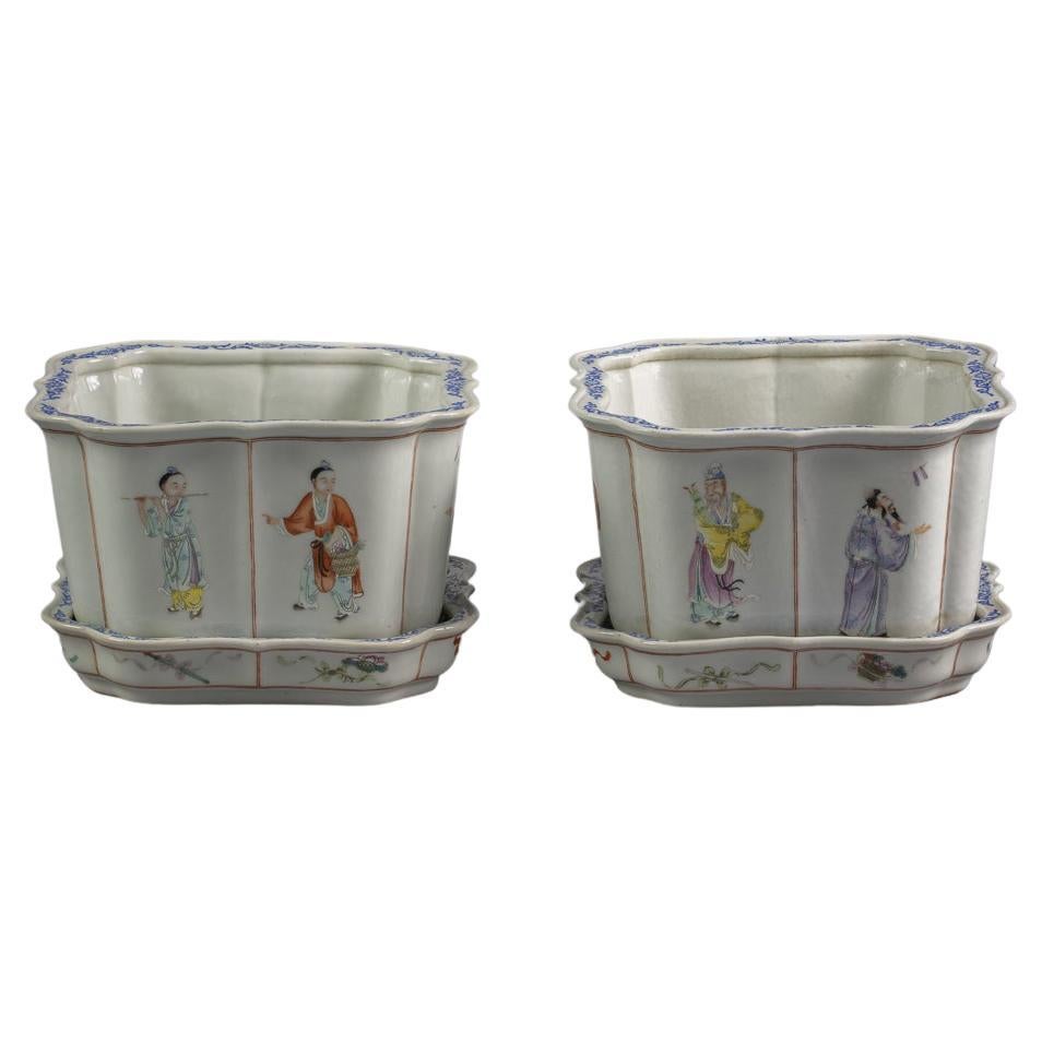 Pair of Chinese Porcelain Cachepots on Stands, circa 1890 For Sale