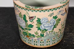 Pair of Chinese Porcelain Cachepots with Pink Floral Pattern and Stand