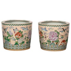 Pair of Chinese Porcelain Cachepots with Pink Floral Pattern and Stand