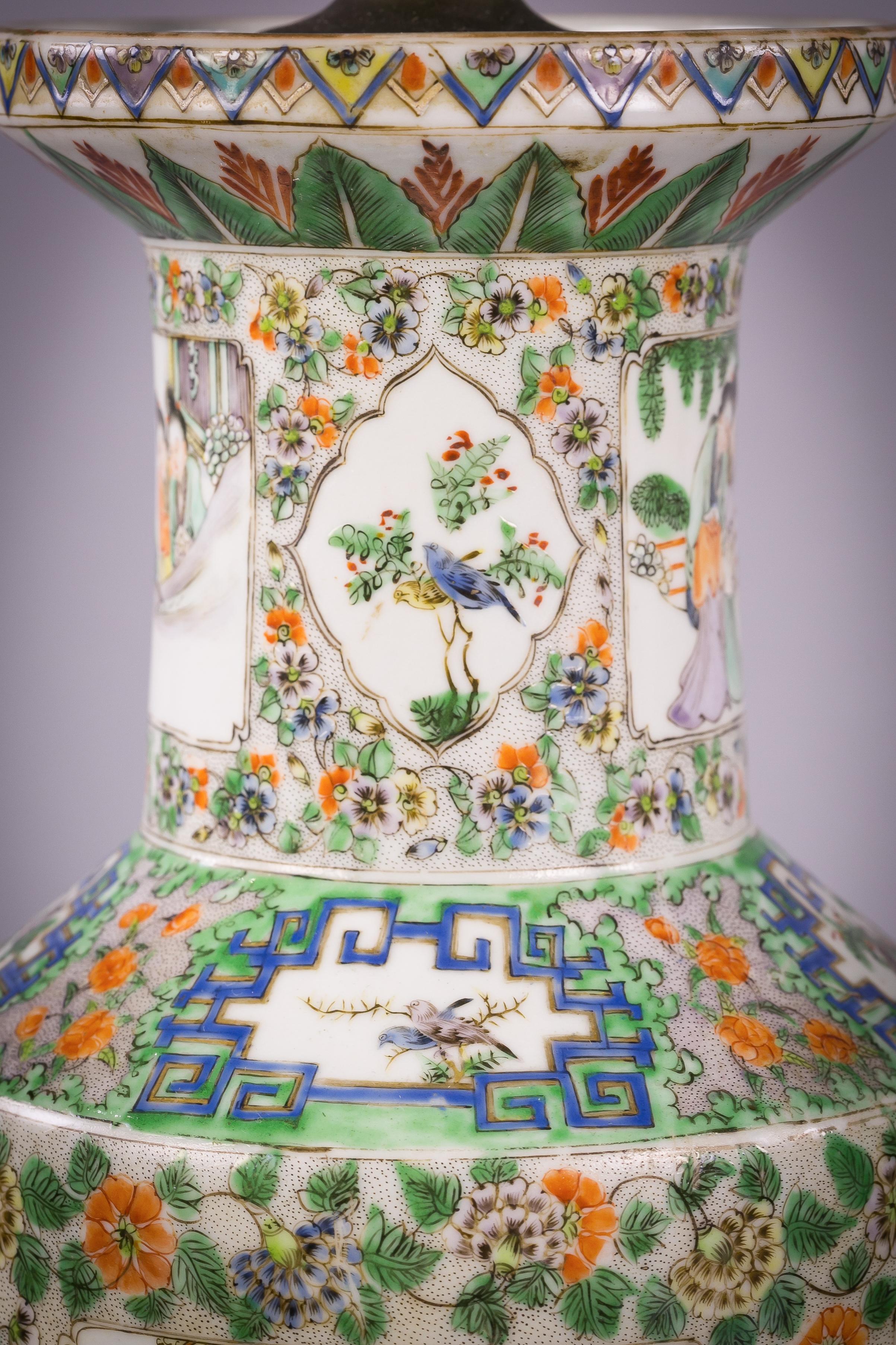 19th Century Pair of Chinese Porcelain Canton Famille Rose Vase Mounted as Lamps, 19 Century For Sale