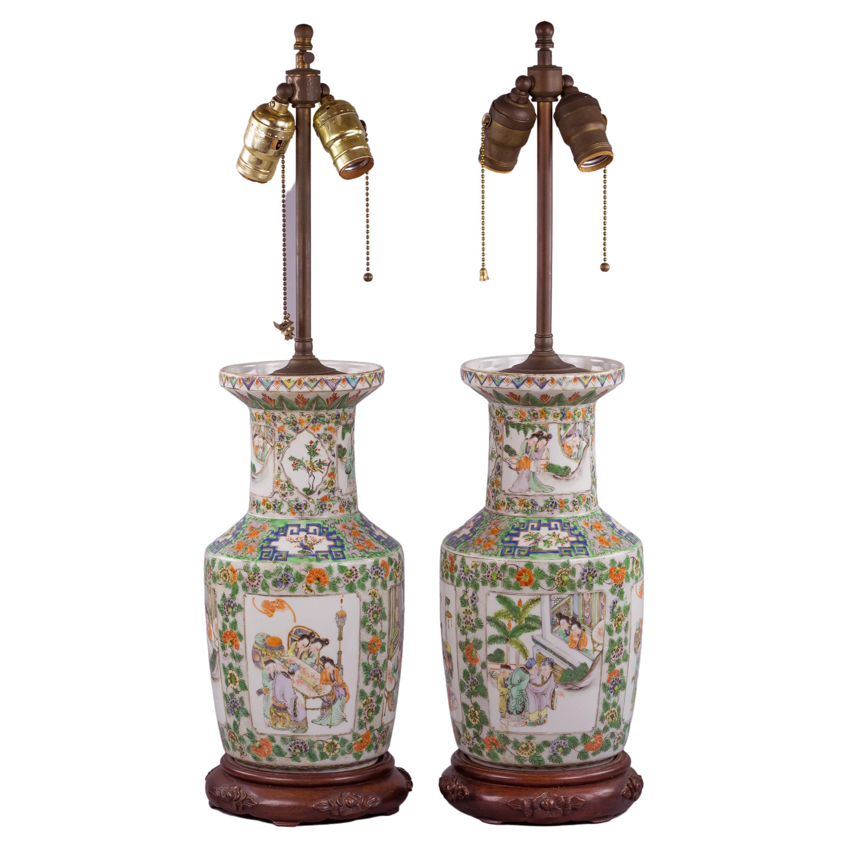 Pair of Chinese Porcelain Canton Famille Rose Vase Mounted as Lamps, 19 Century
