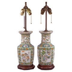 Pair of Chinese Porcelain Canton Famille Rose Vase Mounted as Lamps, 19 Century