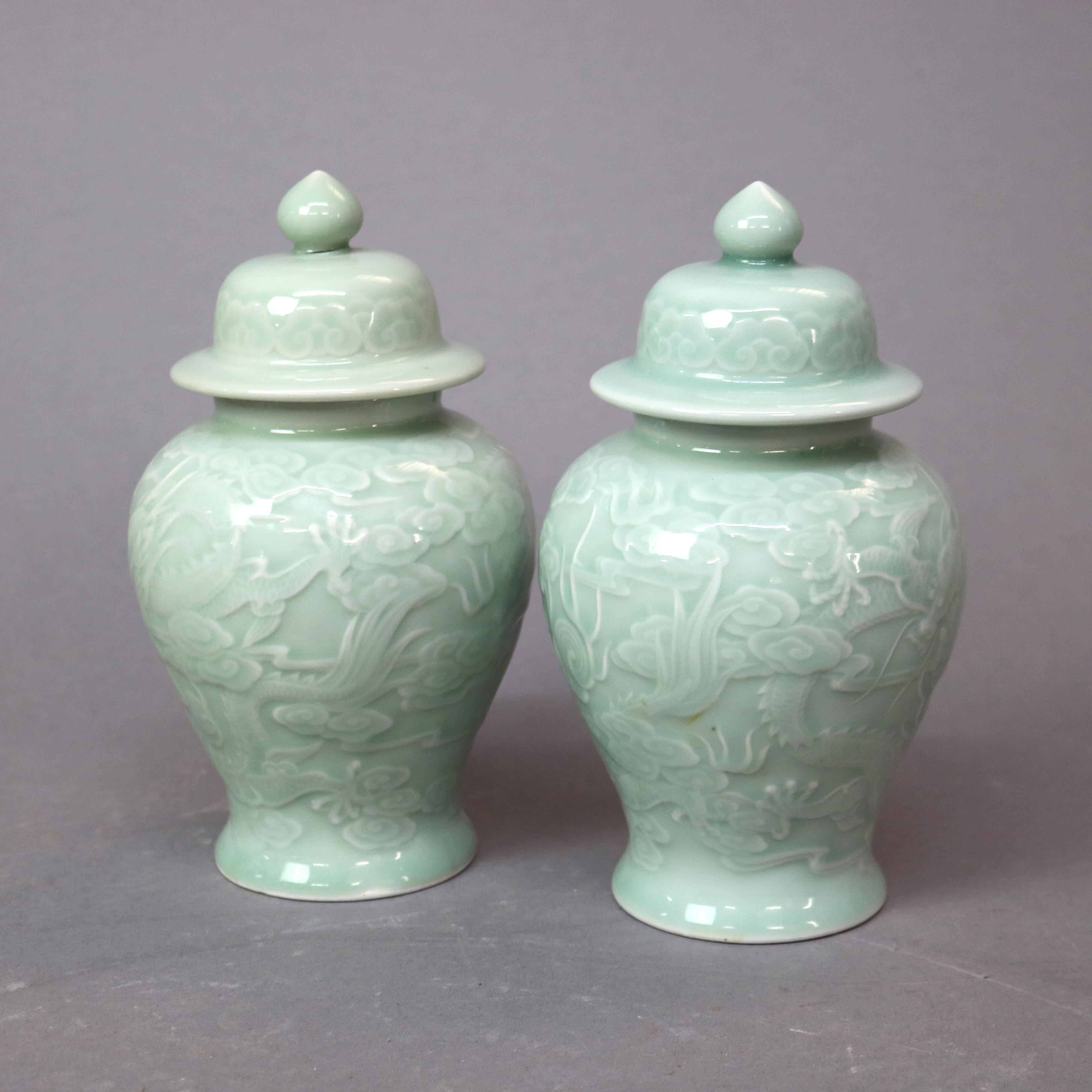 Pair of Chinese Porcelain Celadon Dragon Urns, 20th Century For Sale 7