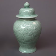 Pair of Chinese Porcelain Celadon Dragon Urns, 20th Century