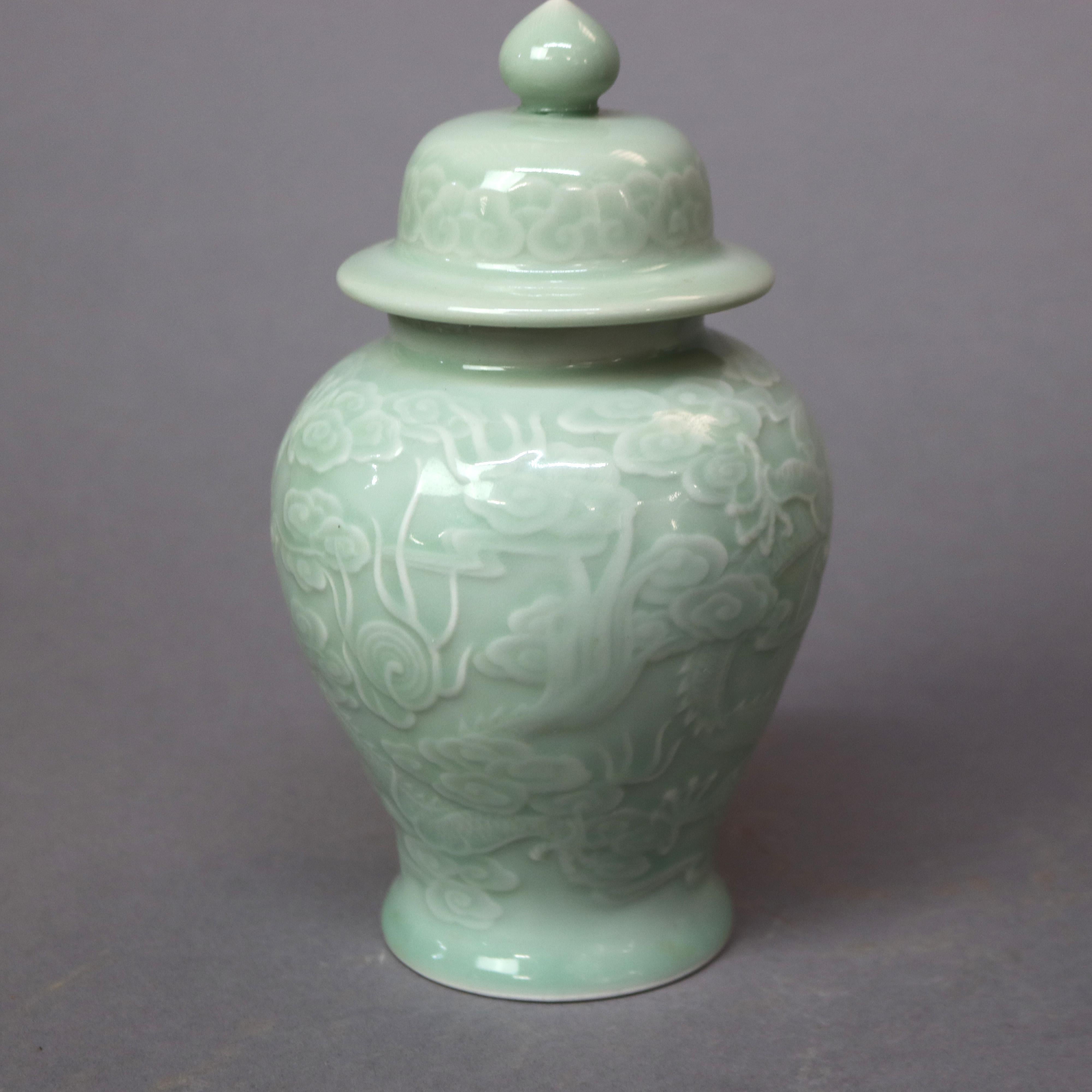 Pair of Chinese Porcelain Celadon Dragon Urns, 20th Century For Sale 2