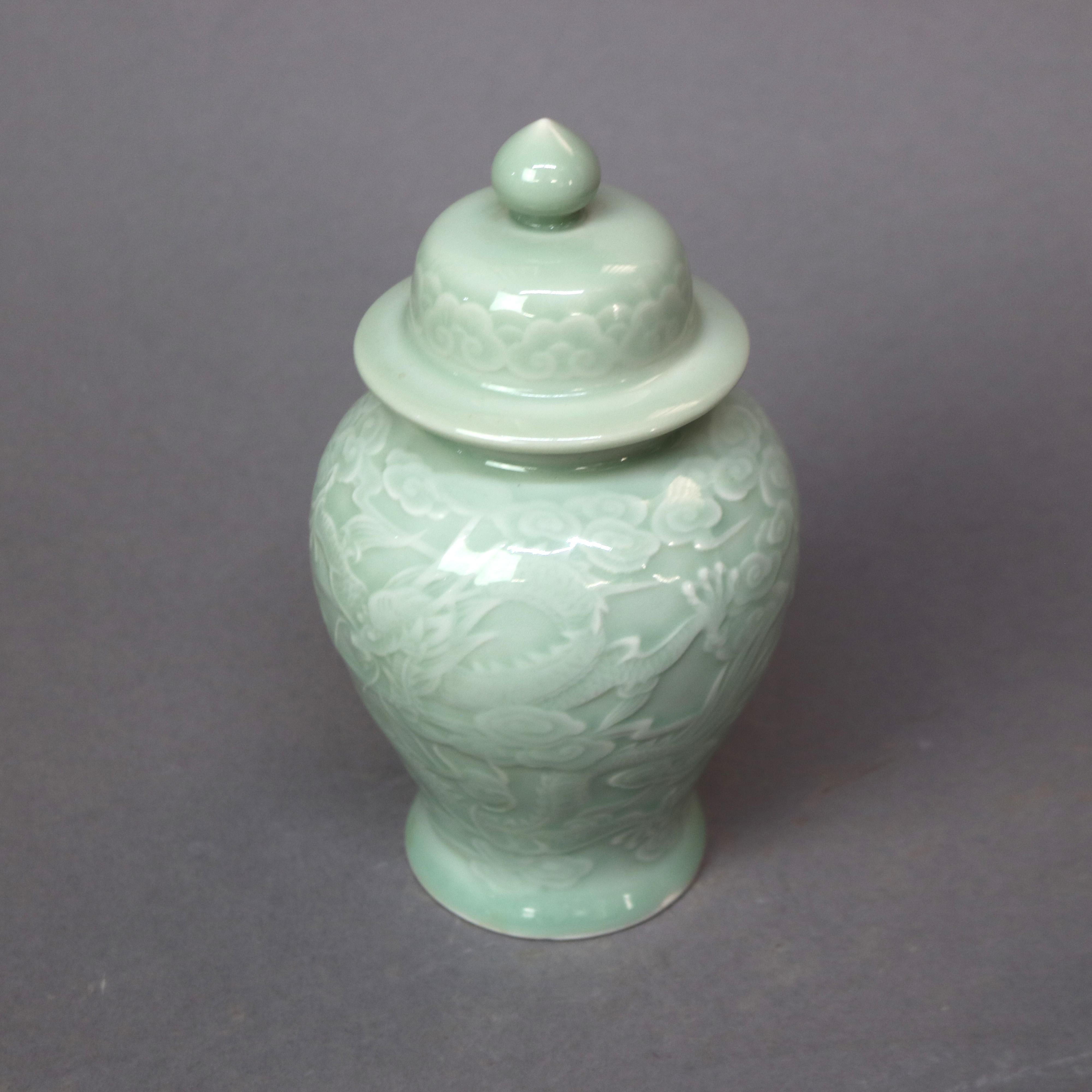 Pair of Chinese Porcelain Celadon Dragon Urns, 20th Century For Sale 3