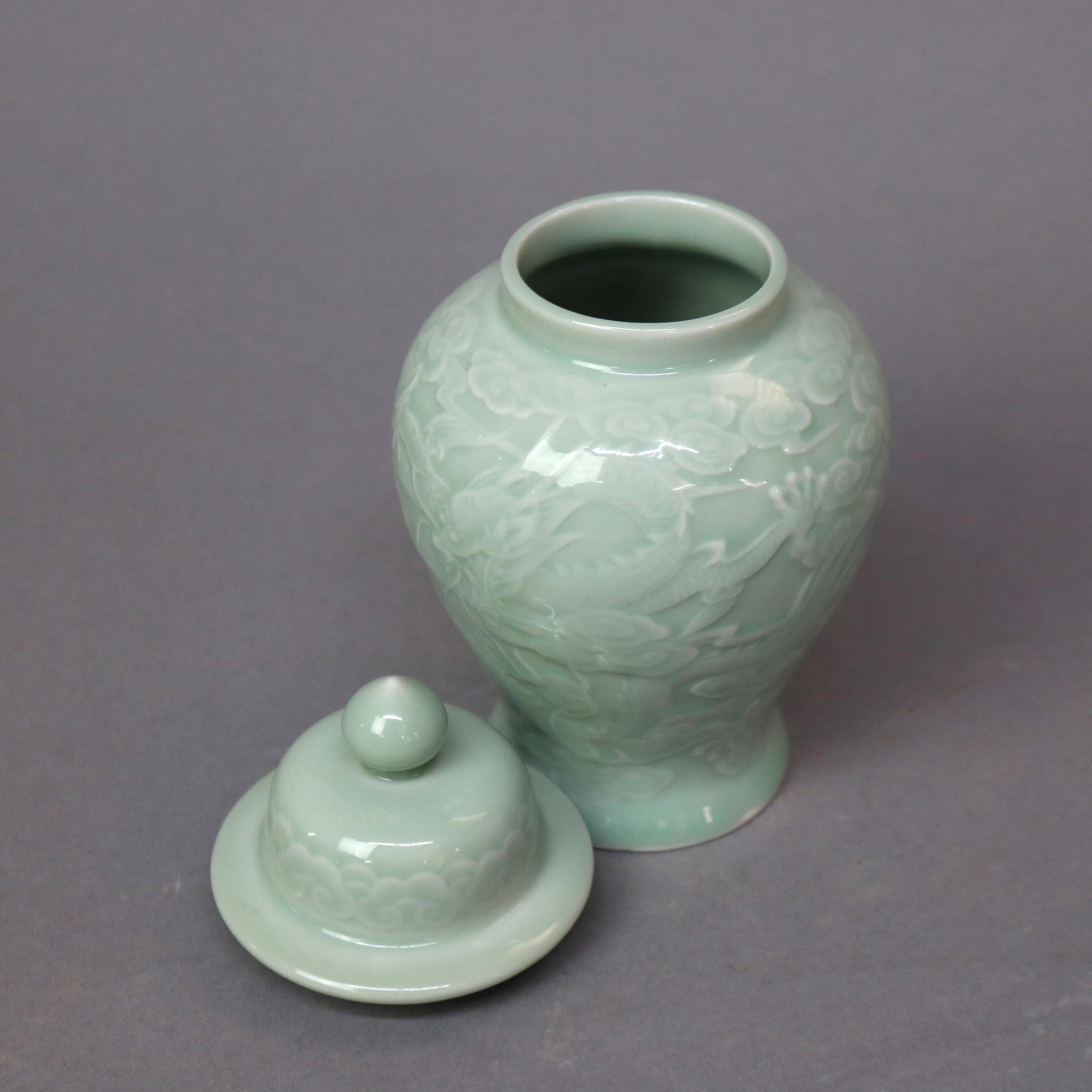 Pair of Chinese Porcelain Celadon Dragon Urns, 20th Century For Sale 5