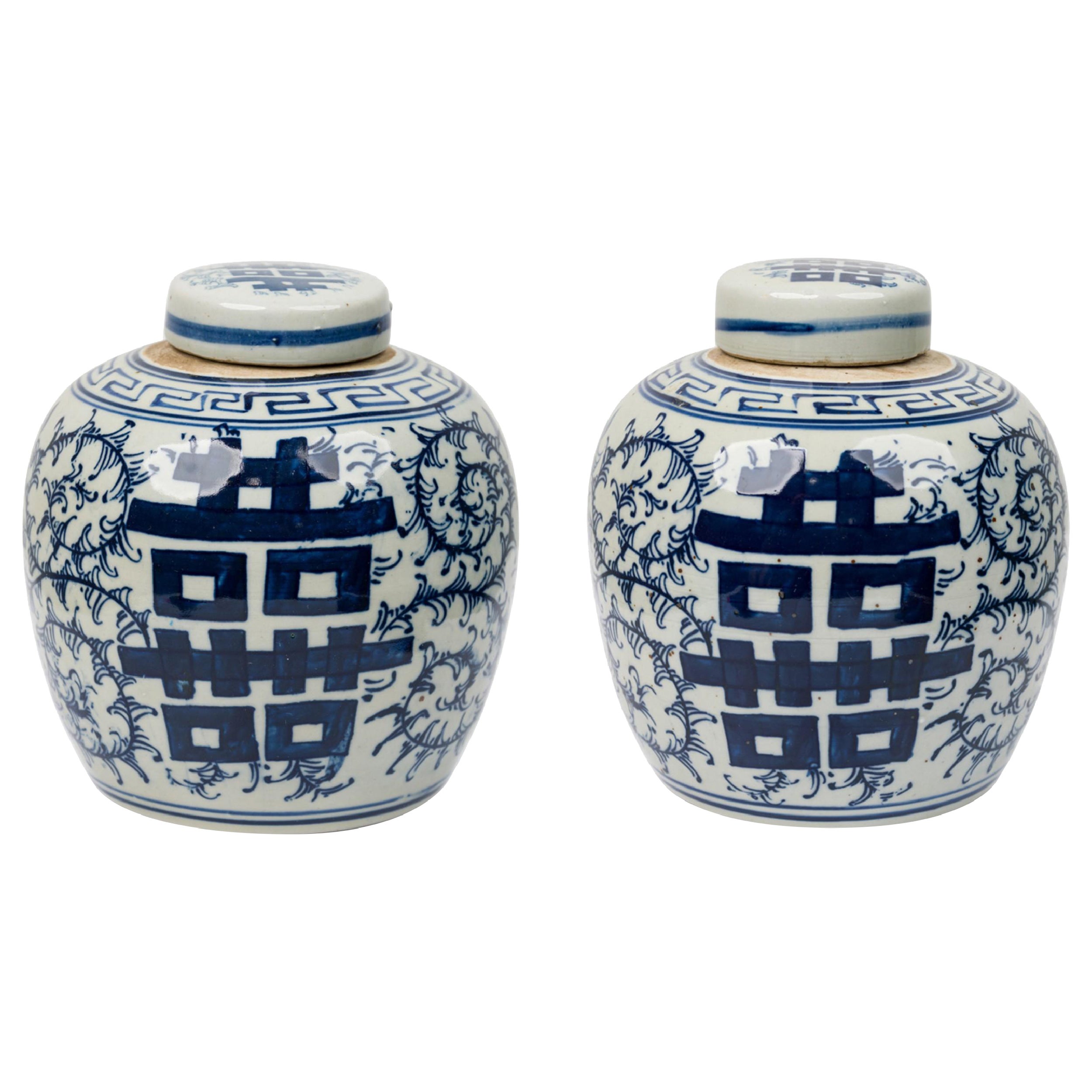 Pair of Chinese Porcelain Covered Jars with Floral Decoration & Calligraphy in vendita