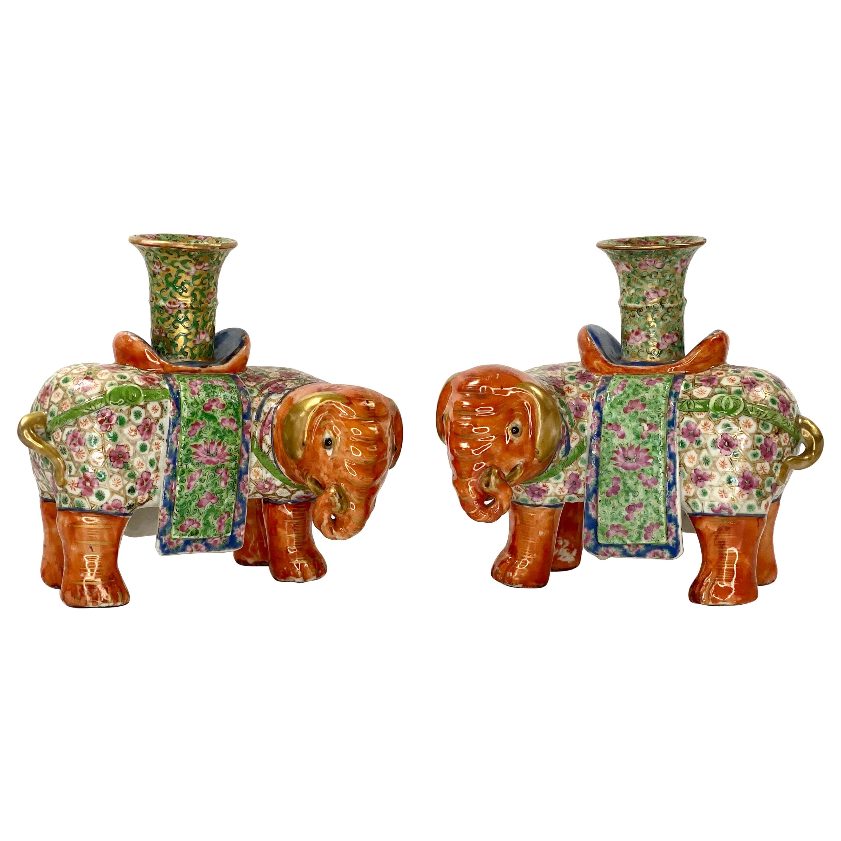 Pair of Chinese Porcelain Elephant Joss Stick Holders, circa 1850, Qing Dynasty