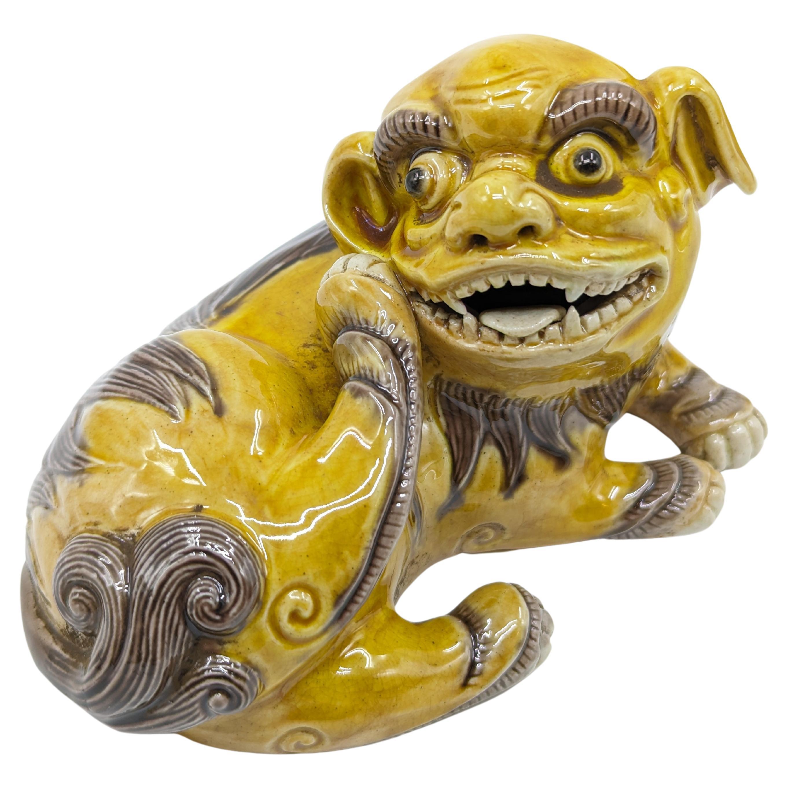 20th Century Pair of Chinese Porcelain Famille Jeune Recumbent Yellow Foo Dogs 20c Modern For Sale