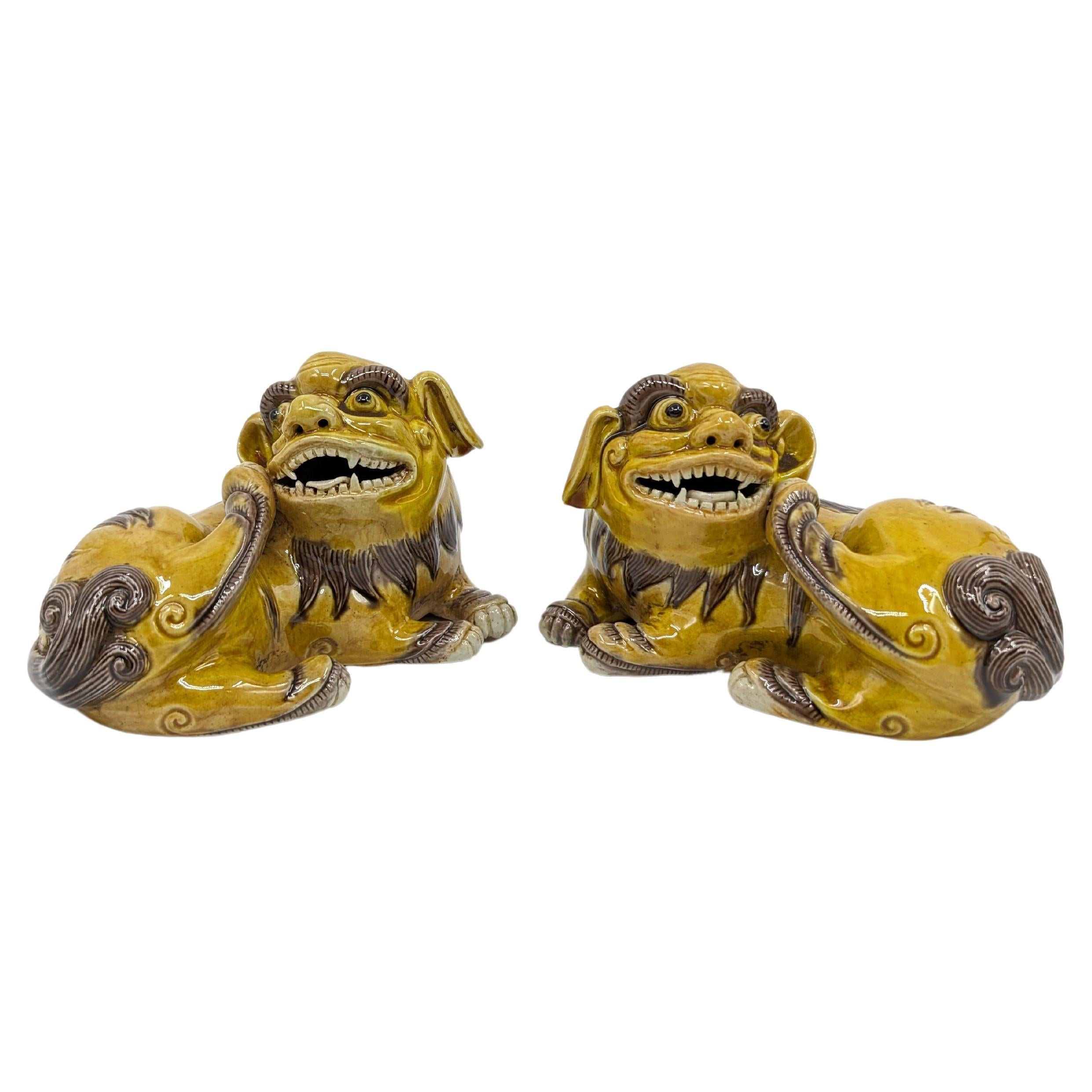 Pair of Chinese Porcelain Famille Jeune Recumbent Yellow Foo Dogs 20c Modern For Sale