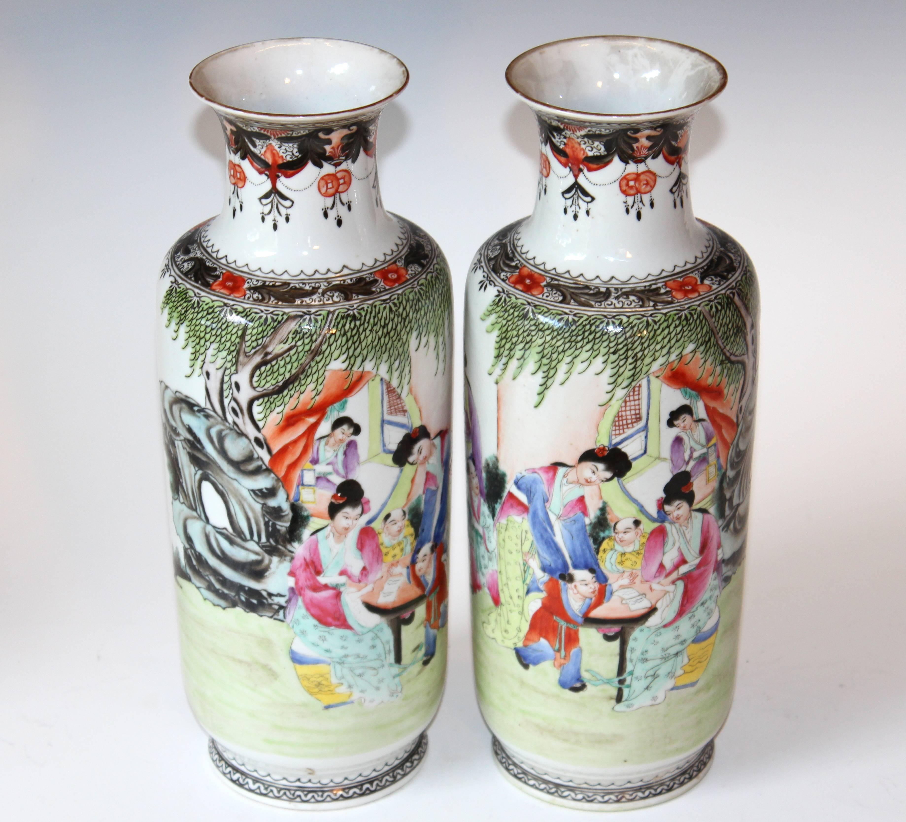 Pair of Chinese Porcelain Famille Rose Qianlong Vases Lamp Matched Old Mark 4