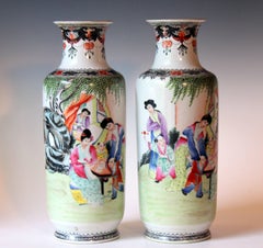 Pair of Chinese Porcelain Famille Rose Qianlong Vases Lamp Matched Old Mark