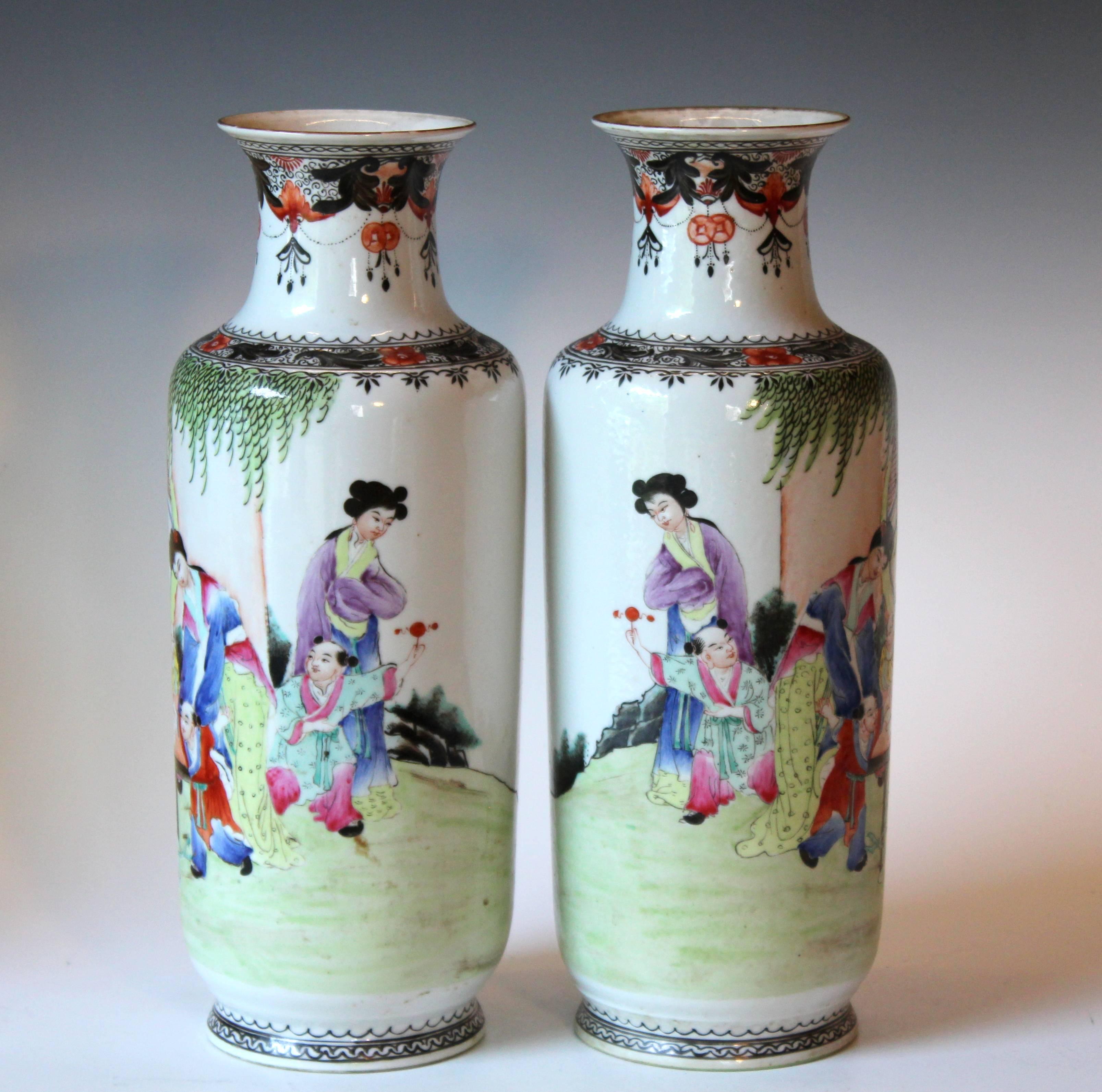 Qing Pair of Chinese Porcelain Famille Rose Qianlong Vases Lamp Matched Old Mark