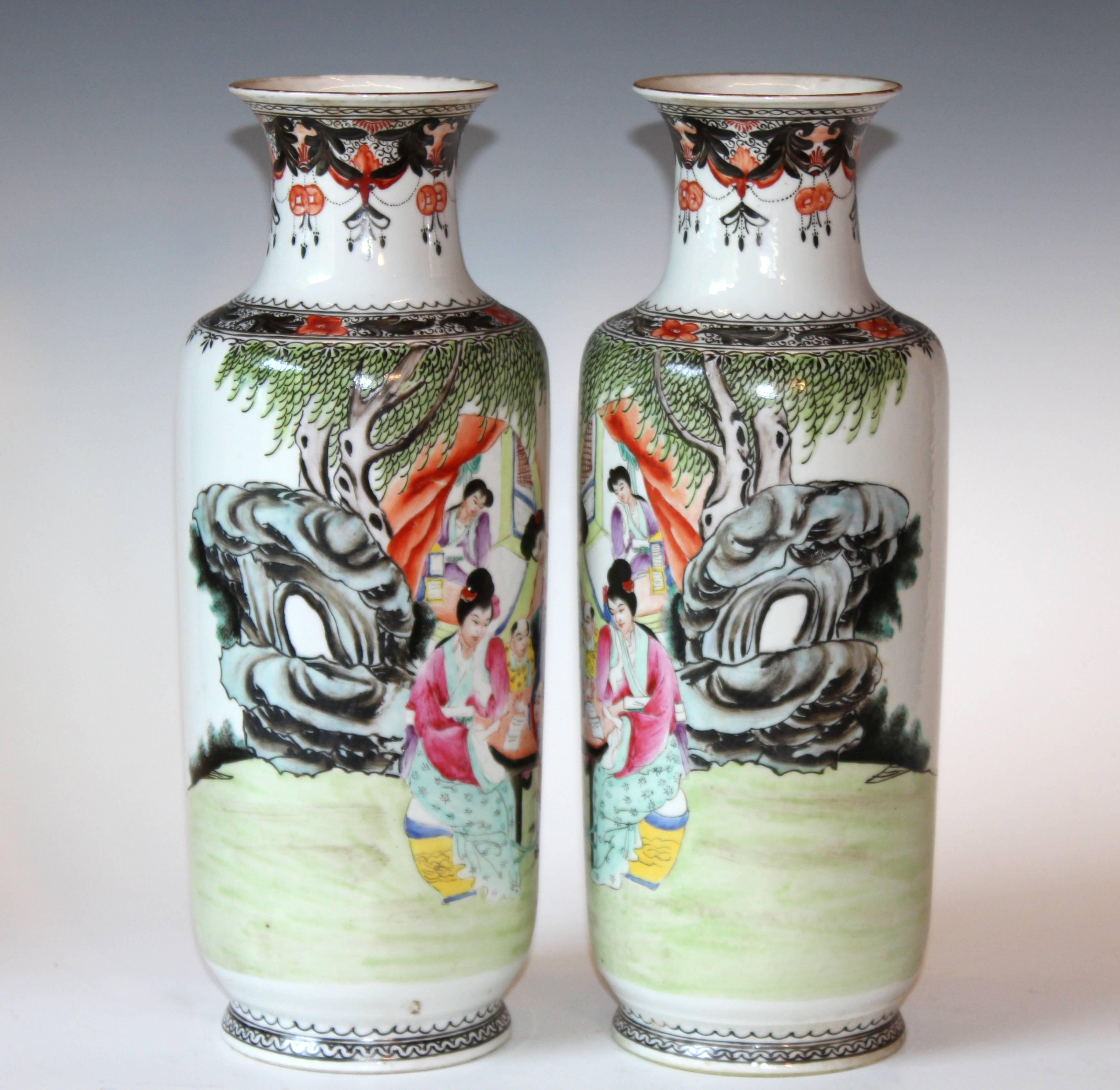 Enameled Pair of Chinese Porcelain Famille Rose Qianlong Vases Lamp Matched Old Mark