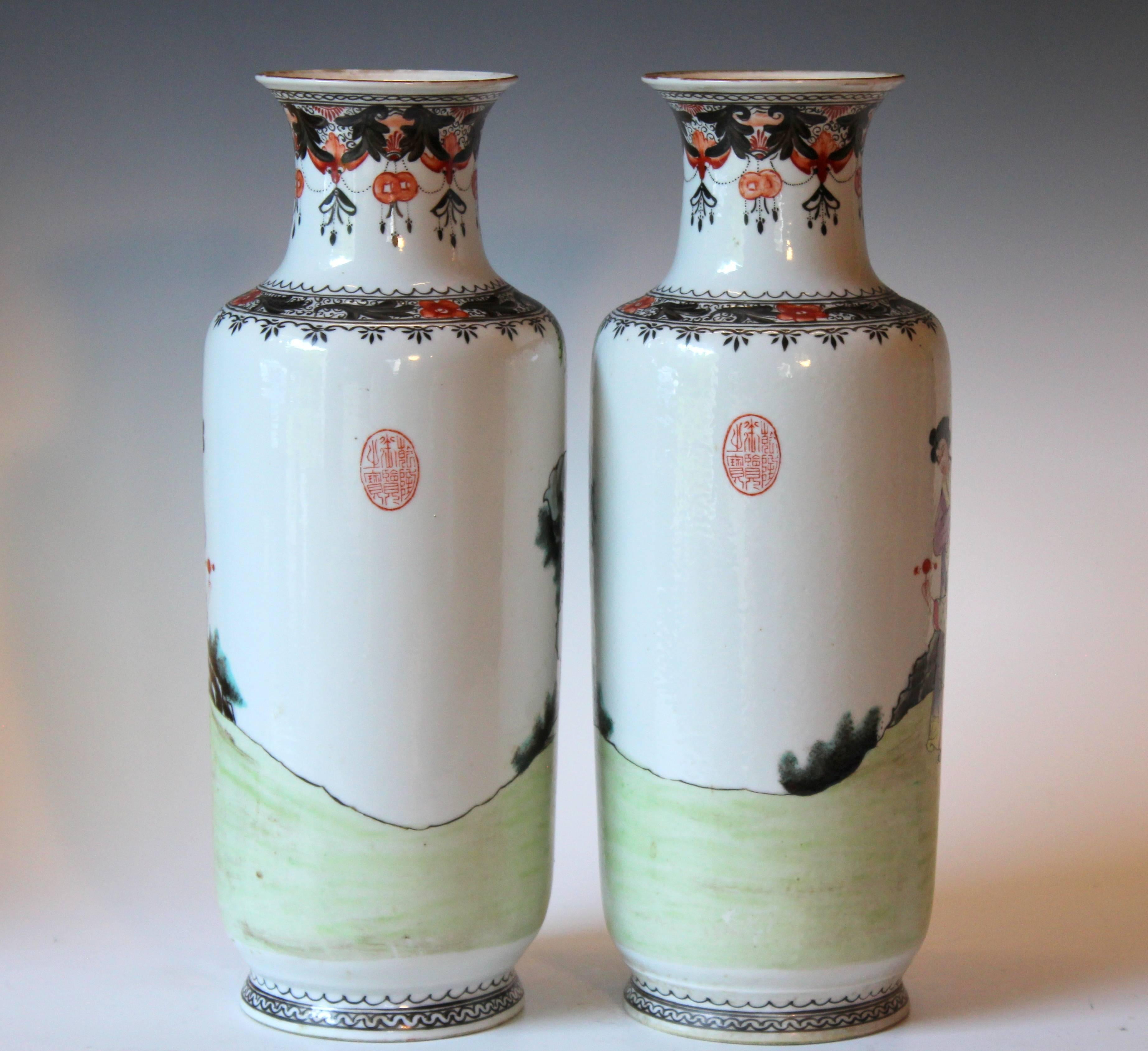 Pair of Chinese Porcelain Famille Rose Qianlong Vases Lamp Matched Old Mark In Excellent Condition In Wilton, CT